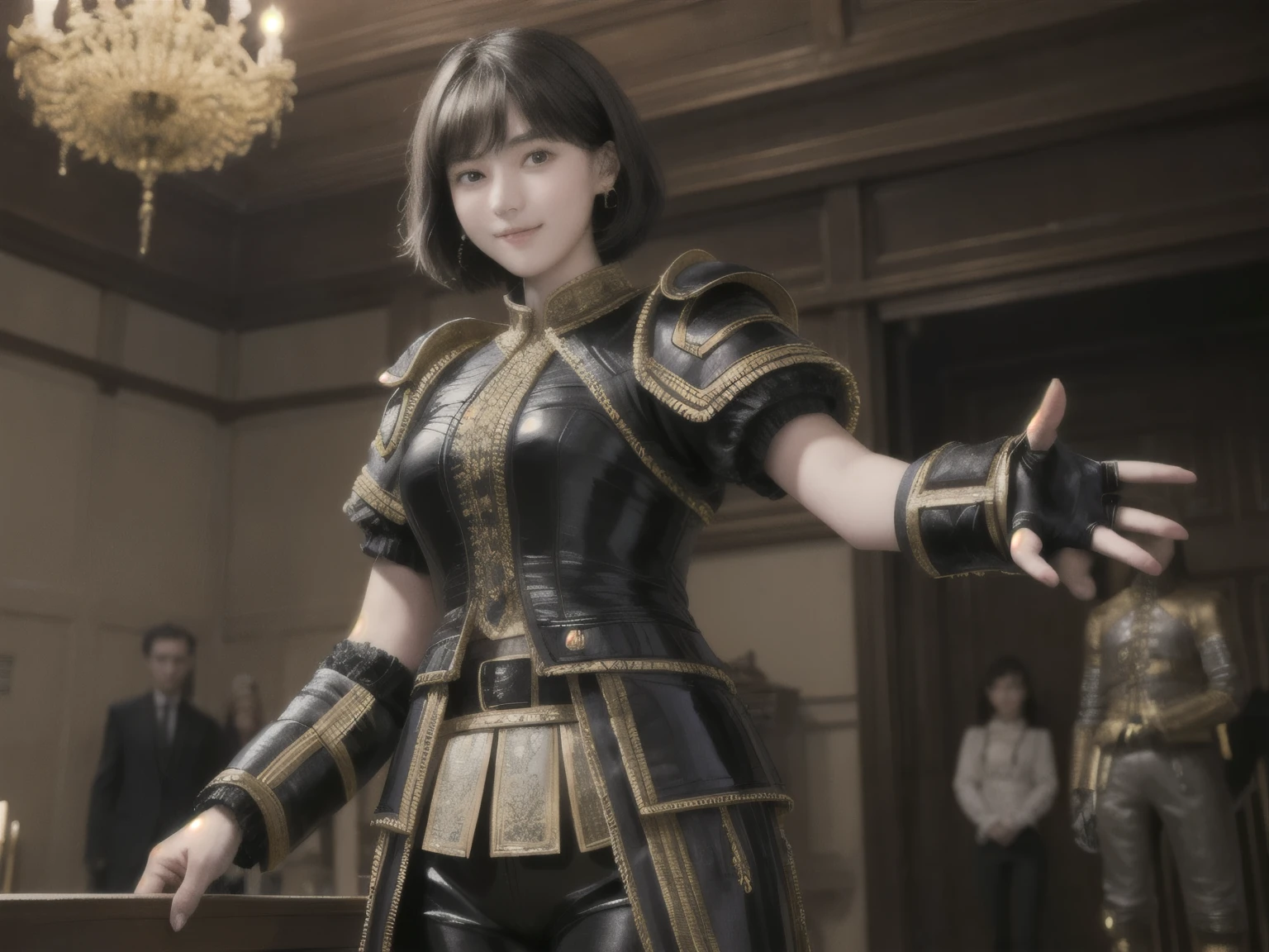 222 Short Hair, 20-year-old woman, A kind smile, (Luxurious stables), (Rembrandt-style painting), (Mechanical Suit, Clothes that show abs、Clothes with short sleeves)