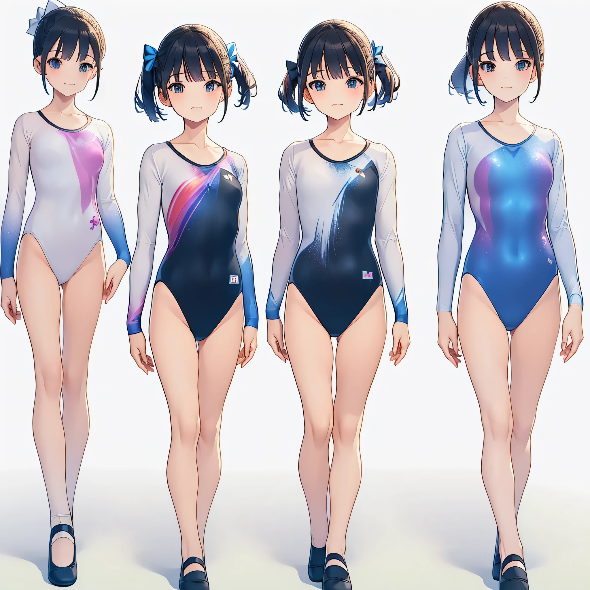 Gymnastics club,(4 girls:1.3),(long sleeves leotard:1.3),(rainbow print leotard:1.3),(white leotard),(black shirt:1.5)full body, pony tail, blue ribbon, long hair, blindfold, (over 16 years old, under 19 years old:1.2), ballet shoes, white background