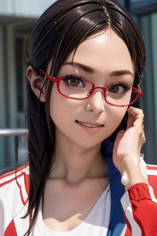 (masterpiece, highest quality), One Girl, Satou, Satou, Glasses, 赤いフレームのGlasses, Under-rim eyewear, Satou, Glasses, 赤いフレームのGlasses, Under-rim eyewear, Track jacket, Track pants