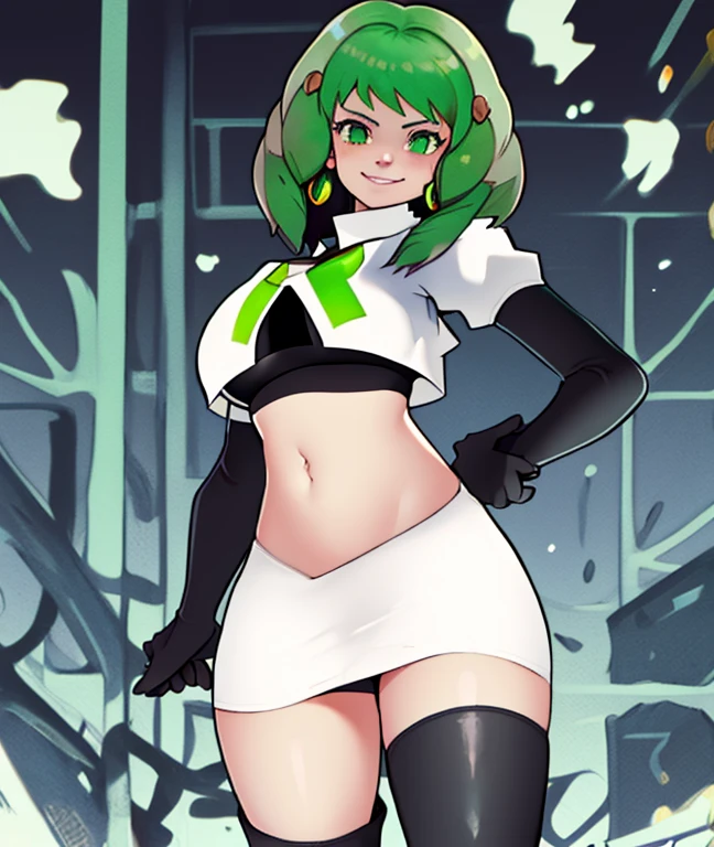 Flayn, green hair, Team rocket, team rocket uniform, red letter R, white skirt,white crop top,black thigh-high boots, black elbow gloves, evil smile, earrings, large breasts, sexy pose