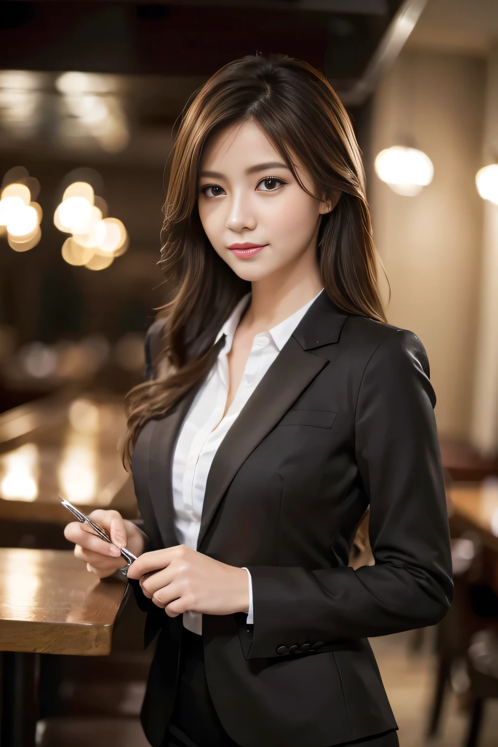 masterpiece, highest quality, Realistic, Very detailed, Finer details, High resolution, 8k wallpaper, One beautiful woman, Wear casual business attire, In a great restaurant, At night, Light brown messy hair, Perfect dynamic composition, Beautiful and beautiful eyes