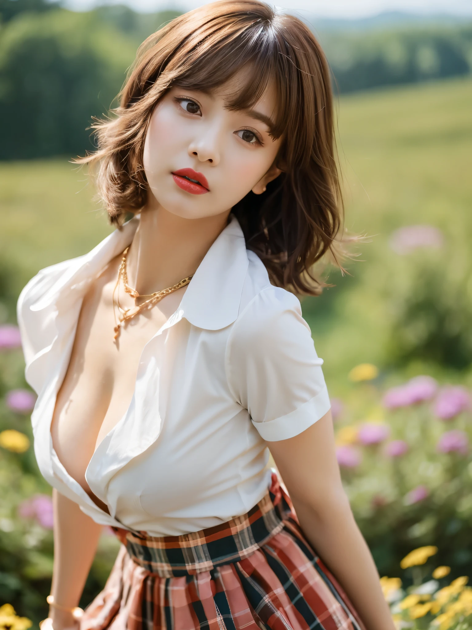 nsfw, 8K raw photo, Best quality, masterpiece, ultra high res, film grain, filmg, 1girl, looking at viewer, natural skin texture, realistic eye and face details, full lips, lipstick, (makeup), red eyeshadow, fluffy short hair, messy hair, close mouth, beautiful legs, tall female, skinny, slim_legs, solo, enormous breast, cleavage, Pose with buttocks facing you, HUGE butt, ultra short skirt, huge ass, shirt, beautiful nature location, around flower location, (detailed background), plaid skirt, white shirt, enormous breast, cleavage, Show a little cleavage through the shirt, loafers, blurry background, blurry, holding, plaid, short sleeves, jk ribbon on the neck, jk ribbon, brown hair, bracelet, water, bangs, , jewelry, parted lips, lips, from side, pleated skirt, depth of field