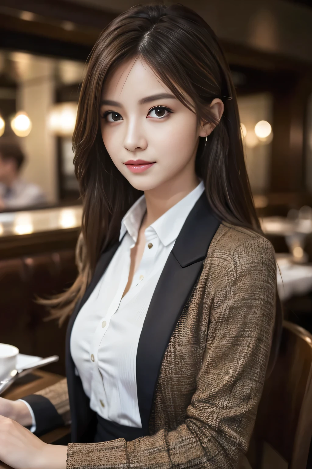 masterpiece, highest quality, Realistic, Very detailed, Finer details, High resolution, 8k wallpaper, One beautiful woman, Wear casual business attire, In a great restaurant, At night, Light brown messy hair, Perfect dynamic composition, Beautiful and beautiful eyes