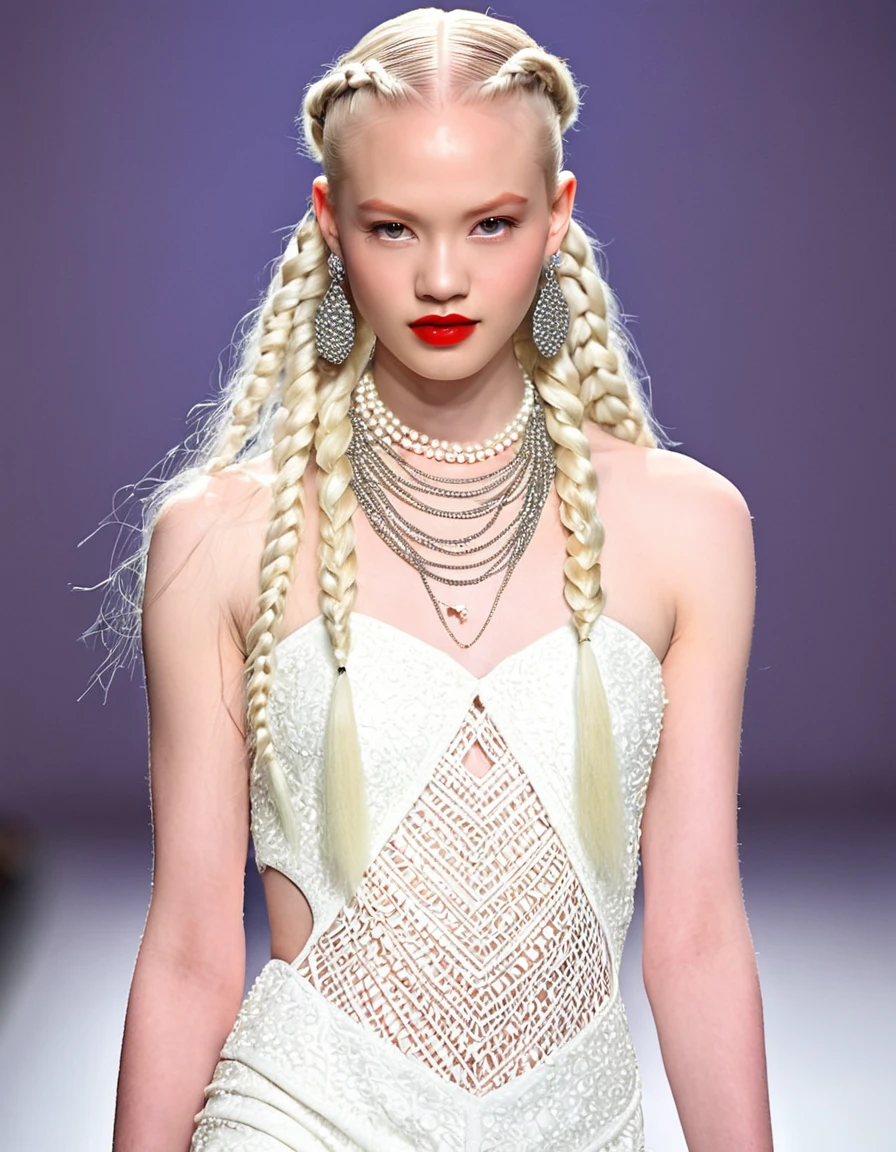 Full shot photograph of a 22 year old woman standing on a fashion runway, she is albino with a mix of African and Asian heritage. Her extra-long hair is styled in small to medium sized platinum blonde African RASTA braids, each intricately woven with delicate pearls culminating in a stunning, elaborate bun. Soft braids also tenderly frame her face along with styled baby hair. His hand is thoughtful on his jaw, his eyes seem serene. Wear pearl earrings and pearl necklaces of different lengths and sizes. The only makeup adorning her features is eyeshadow and lipstick in harmonious shades of soft red, creating a subtle but captivating effect. The background is blurred with soft colors and a fantasy theme.
