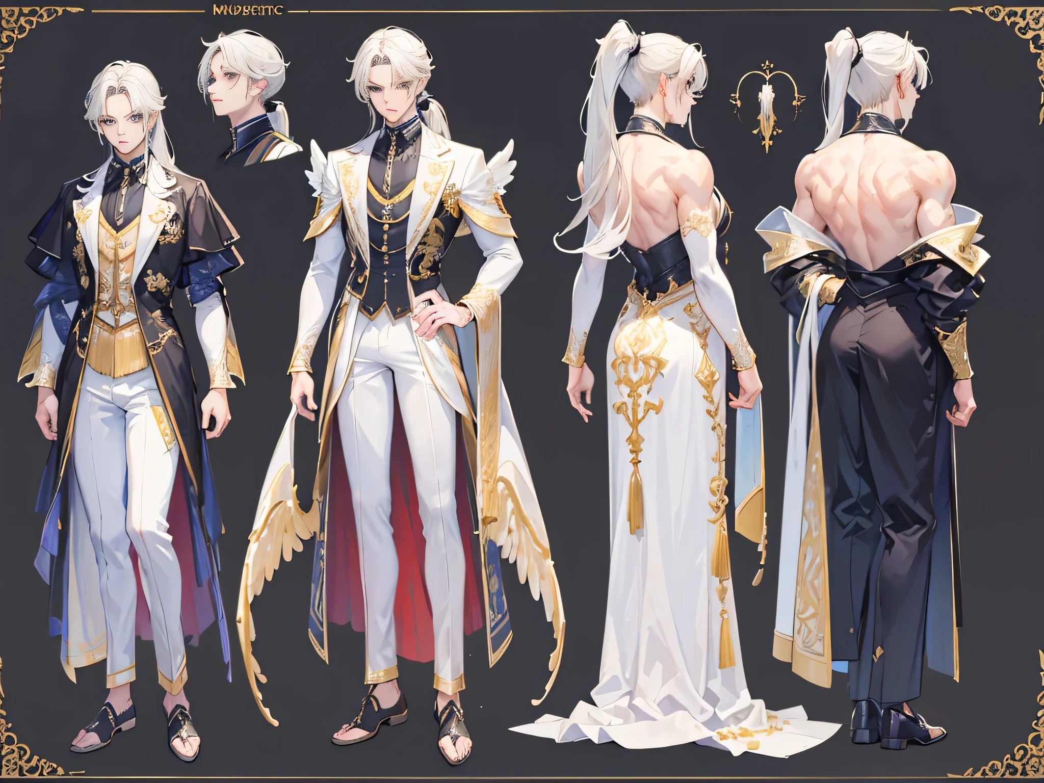 ((Masterpiece, Highest quality)), Male, boy, Detailed face, character design sheet, full bodyesbian, Full of details, frontal body view, back body view, Highly detailed, Depth, Many parts, angel wings, angel outfit, Muscle boy with black long hair ponytail,handsome man, male angel , man tall,