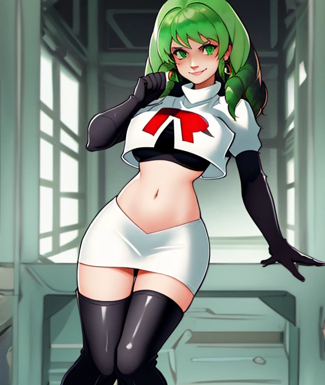 Flayn, green hair, Team rocket, team rocket uniform, red letter R, white skirt,white crop top,black thigh-high boots, black elbow gloves, evil smile, earrings, large breasts, sexy pose