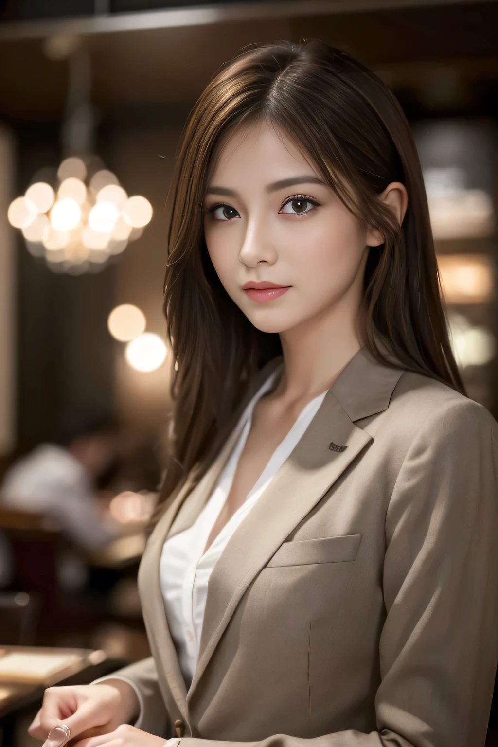 masterpiece, highest quality, Realistic, Very detailed, Finer details, High resolution, 8k wallpaper, One beautiful woman, Wear casual business attire, In a great restaurant, At night, Light brown messy hair, Perfect dynamic composition, Beautiful and beautiful eyes
