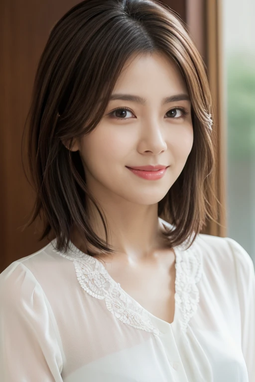 (Raw Photo), (Photorealsitic), (Masterpiece), (Best Quality), High Resolution, 8K, (Intricate Details), (Voluminous Light), Portrait, Female, 35 Years Old, Short Hair, Straight Hair , layered hair, brown hair, very fine eyes, source order, very fine eyebrows, very fine skin, very fine mouth, very fine nose, cute like an idol, happy smile, (thick lips), (looking at the viewer), (elegant blouse),
