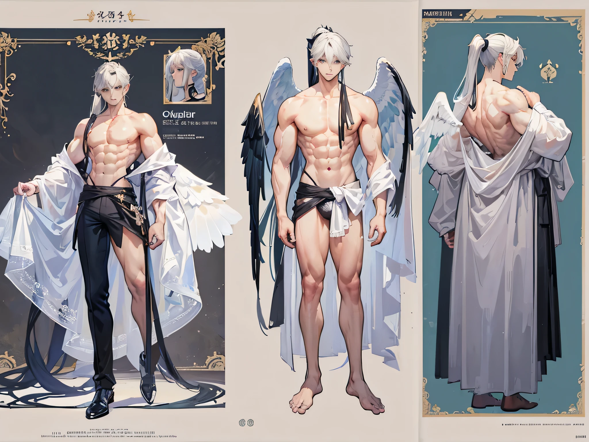 ((Masterpiece, Highest quality)), Male, boy, Detailed face, character design sheet， full bodyesbian, Full of details, frontal body view, back body view, Highly detailed, Depth, Many parts, angel wings, angel outfit, Muscle boy with black long ponytail hair，handsome man, male angel , man tall,  abs, pectoral muscle