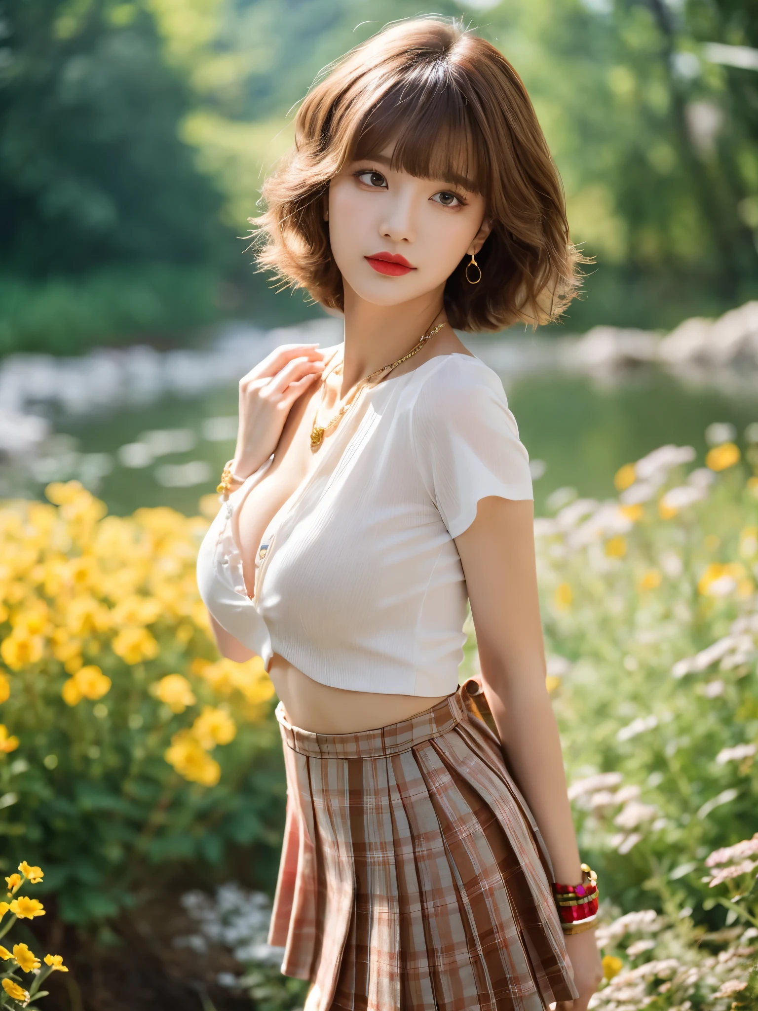nsfw, 8K raw photo, Best quality, masterpiece, ultra high res, film grain, filmg, 1girl, looking at viewer, natural skin texture, realistic eye and face details, full lips, lipstick, (makeup), red eyeshadow, fluffy short hair, messy hair, close mouth, beautiful legs, tall female, skinny, slim_legs, solo, enormous breast, cleavage, Pose with buttocks facing you, HUGE butt, ultra short skirt, huge ass, shirt, beautiful nature location, around flower location, (detailed background), plaid skirt, white shirt, enormous breast, cleavage, Show a little cleavage through the shirt, loafers, blurry background, blurry, holding, plaid, short sleeves, jk ribbon on the neck, jk ribbon, brown hair, bracelet, water, bangs, , jewelry, parted lips, lips, from side, pleated skirt, depth of field
