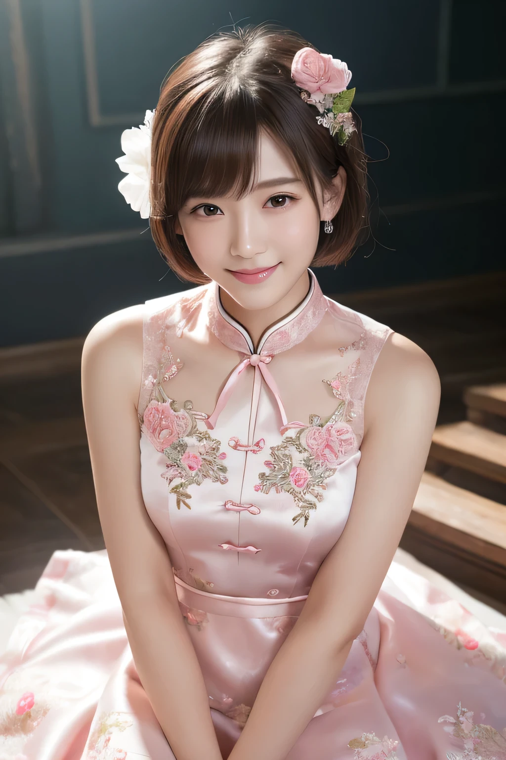 (highest quality,masterpiece:1.3,Ultra-high resolution),(Very detailed、Caustics) ,(Photorealistic:1.4, RAW shooting),Ultra-Realistic Capture、Very detailed、masterpiece、(short hair)、(Tutu、Pink and white satin embroidered sleeveless cheongsam:1.1)、Bedroom、,Frank,Sophisticated,、Lean、Thin arms、1 girl、Adorable expression、smile、Watching the audience、10th Generation、No makeup、Idol's face、Professional Lighting, Film Grain, chromatic aberration, (Eye and facial details:1.0), (Bokeh:1.1) ,(flat chest:1.3),((Flat Chest, Flat stomach, Baby Face))、Photographing the upper body、Arms at your sides、