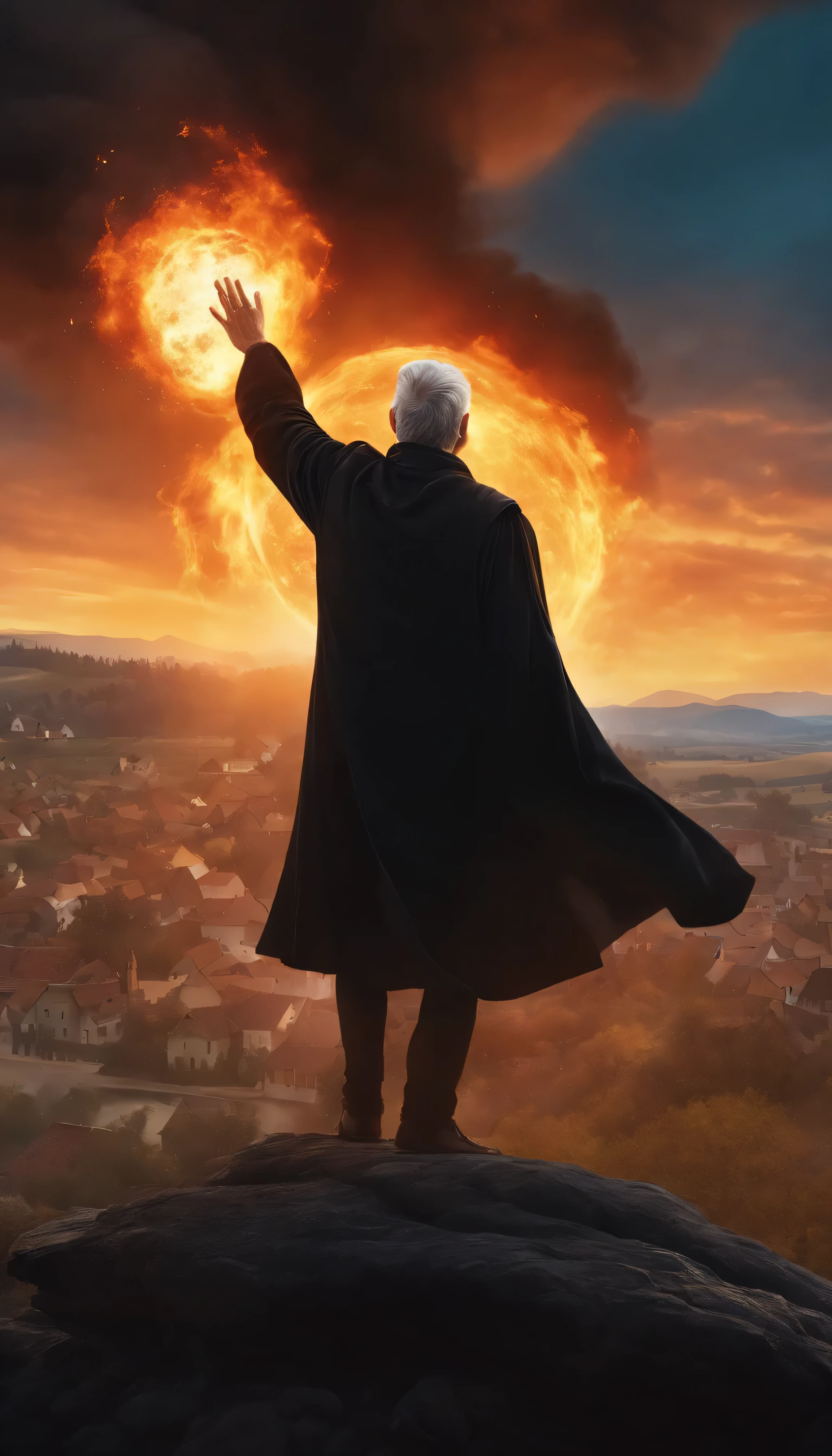 8k, close distance portrait, a male wizard with black clothes and grey short hair from behind, hand up to the sky, throwing a super massive huge fireball to a village in the distance from hill, with a burning village background the distance