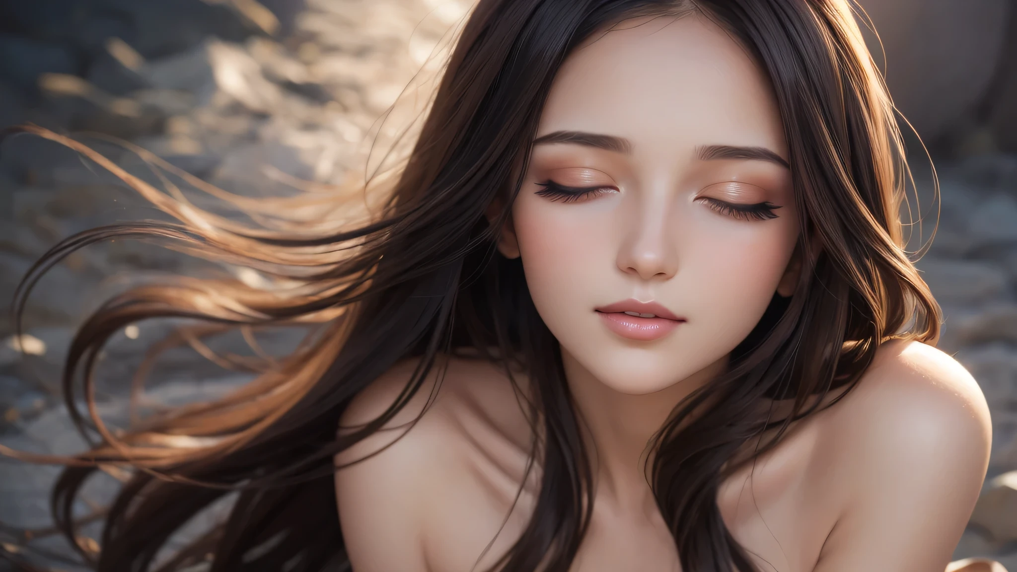 Soft portrait of a beautiful woman, flowing dark hair, captivating gaze, elegant features, radiant smile, feminine beauty, subtle makeup, striking eyes, long lashes, graceful posture, stylish attire, soft shadows, warm skin tones, detailed portrait, realistic style, high-resolution, delicate lighting, digital painting, by Sofia Bonati, Behance.