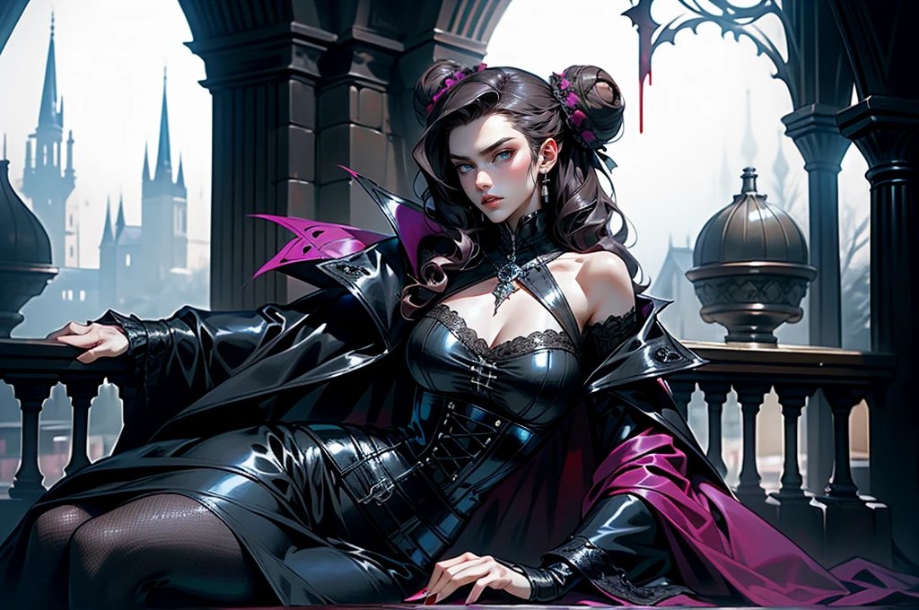 (masterpiece, top quality, best quality, official art, beautiful and aesthetic: 1.2), (1 woman: 1.3), long curly dark brown hair, ((fancy bun)), Victorian style, Victorian classic, extremely detailed, portrait, looking at the viewer, solo, (full body: 0.6), detailed background, close-up, mischievous eyes, magenta eyes (cold midnight castle theme: 1.1), vampire, long fangs, blood on chin, huge lips, charlatan, mischievous smile, mysterious, being seductive on the balcony, revealing gothic dress, extremely tight bodice, black costume, magenta skirts, off-the-shoulder, long sleeves, loose sleeves, black leather , cape, corset, black dress, fishnets, black high boots, buckles, straps, bags, glowing blood magic energy, dark magenta fabric, silver trim, black leather, extremely slim, slim waist, slim hips, medieval background (gothic castle exterior: 1.1), nocturnal, dark and mysterious lighting, shadows, magical atmosphere, laying on the ground. Very sexy, with chin resting on shoulder, abigail larson art style, perfect fingers