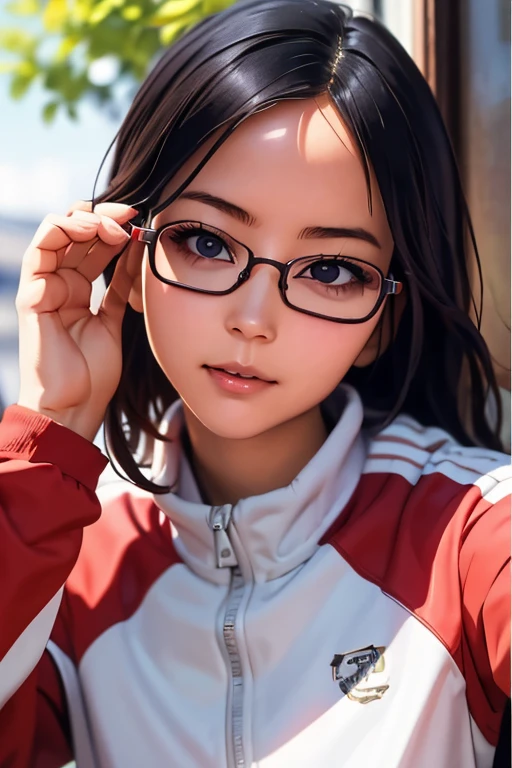 (masterpiece, highest quality), One Girl, Satou, Satou, Glasses, 赤いフレームのGlasses, Under-rim eyewear, Satou, Glasses, 赤いフレームのGlasses, Under-rim eyewear, Track jacket, Track pants
