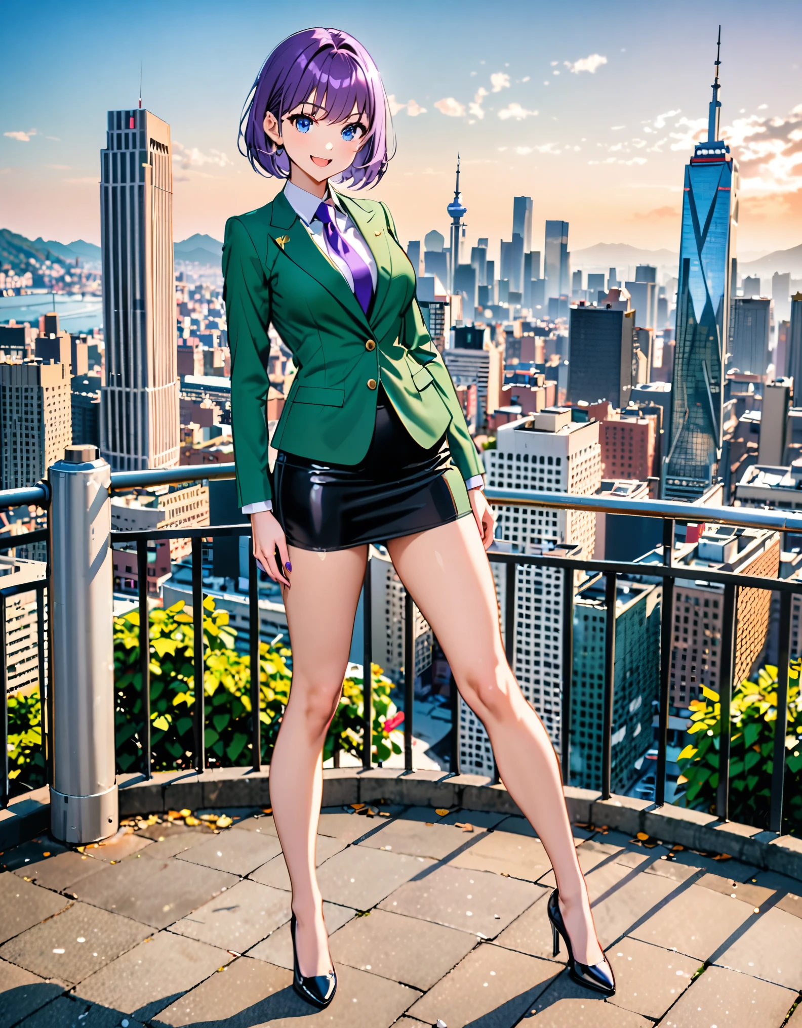 masterpiece, best quality, highres, 1girl, solo, green suit and tie, pencil skirt, miniskirt, bare legs, matching shoes, looking at viewer, city backdrop, perfect hands, perfect eyes, perfect leotard, perfect legs, perfect arms, perfect fingers, medium breasts, standing, purple hair, short hair, bob hair, blue eyes, standing, smile, full body with costume, :d