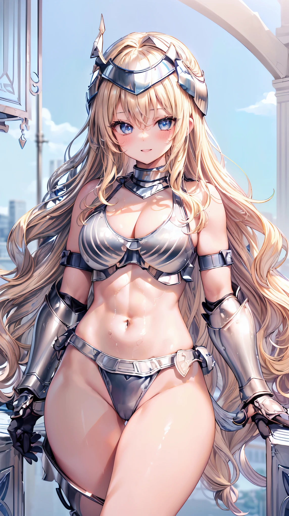 Very detailed、highest quality、Best image quality、masterpiece、8k、Anime Face、A kind smile、Open your mouth、Sparkling blue eyes、(Blonde wavy hair:1.5)、、Muscles of the whole body、camisole、Thigh belt、mini skirt、(Wearing silver bikini armor:1.5)、(Cowboy Shot:1.5)、(Leg armor:1.5)、(Wearing a helmet:1.5)