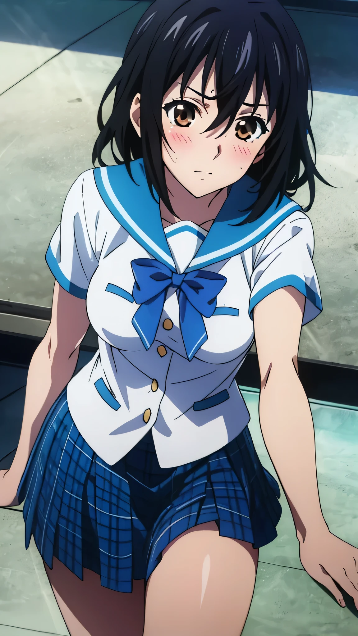 {{{masterpiece}}}, {{{best quality}}}, {{ultra-detailed}}, {illustration}, {{an extremely delicate and beautiful}}, 8k, NSFW, Himeragi Yukina(Strike The Blood), 10's style, short hair, front hair, black hair, hair between eye, Brown eye, sailor suit, blue bowtie, short sleeve, pleated skirt, plaid skirt, blue skirt, blush,(beautiful medium breasts:1.2), (beautiful face:1.3),(beautiful thighs:1.1)