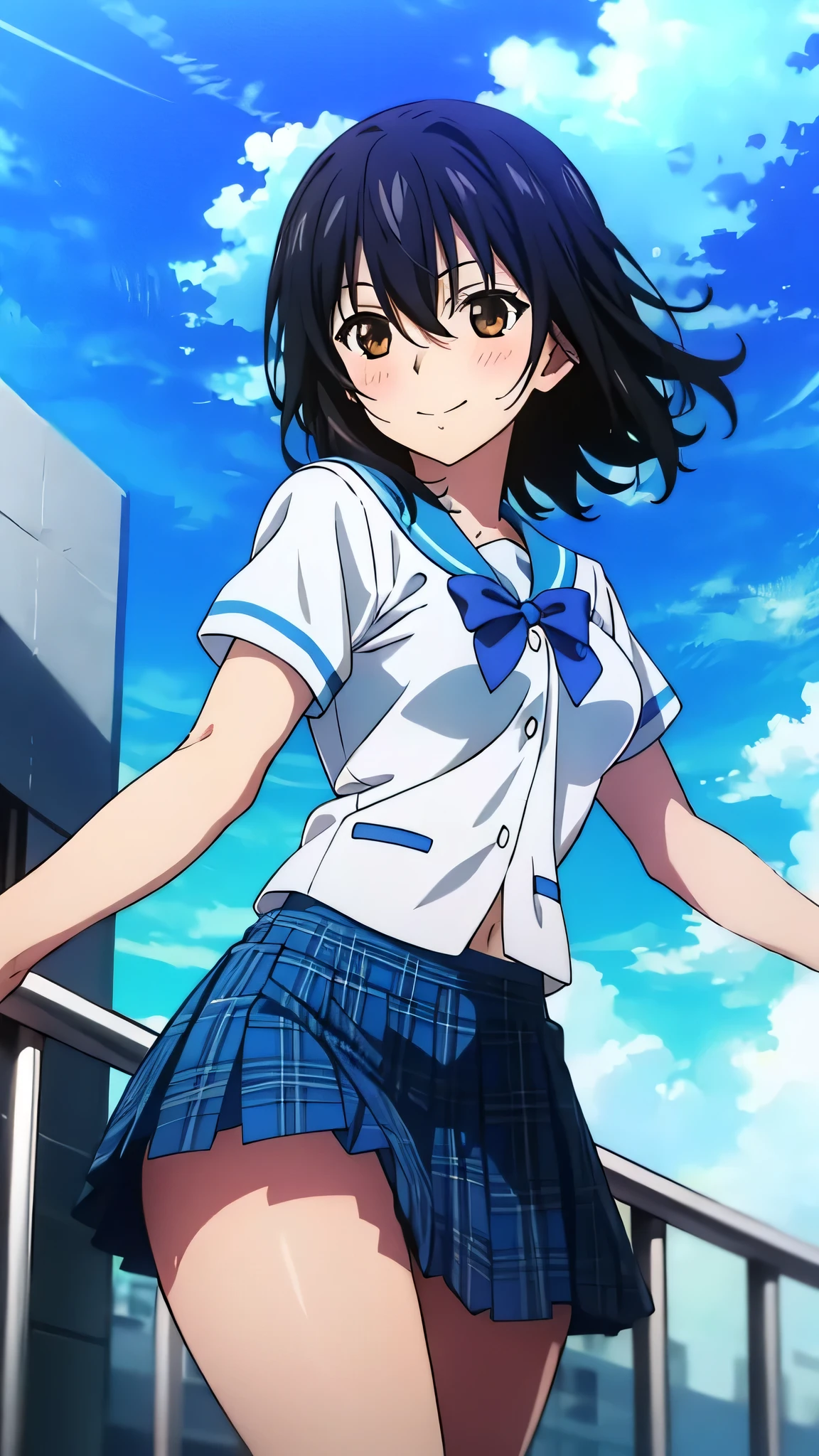 {{{masterpiece}}}, {{{best quality}}}, {{ultra-detailed}}, {illustration}, {{an extremely delicate and beautiful}}, 8k, NSFW, Himeragi Yukina(Strike The Blood), 10's style, short hair, front hair, black hair, hair between eye, Brown eye, sailor suit, blue bowtie, short sleeve, pleated skirt, plaid skirt, blue skirt, blush,(beautiful medium breasts:1.2), (beautiful face:1.3),(beautiful thighs:1.1), BREAK, standing, smiling, outdoor, sky, public park, reaching out a hand