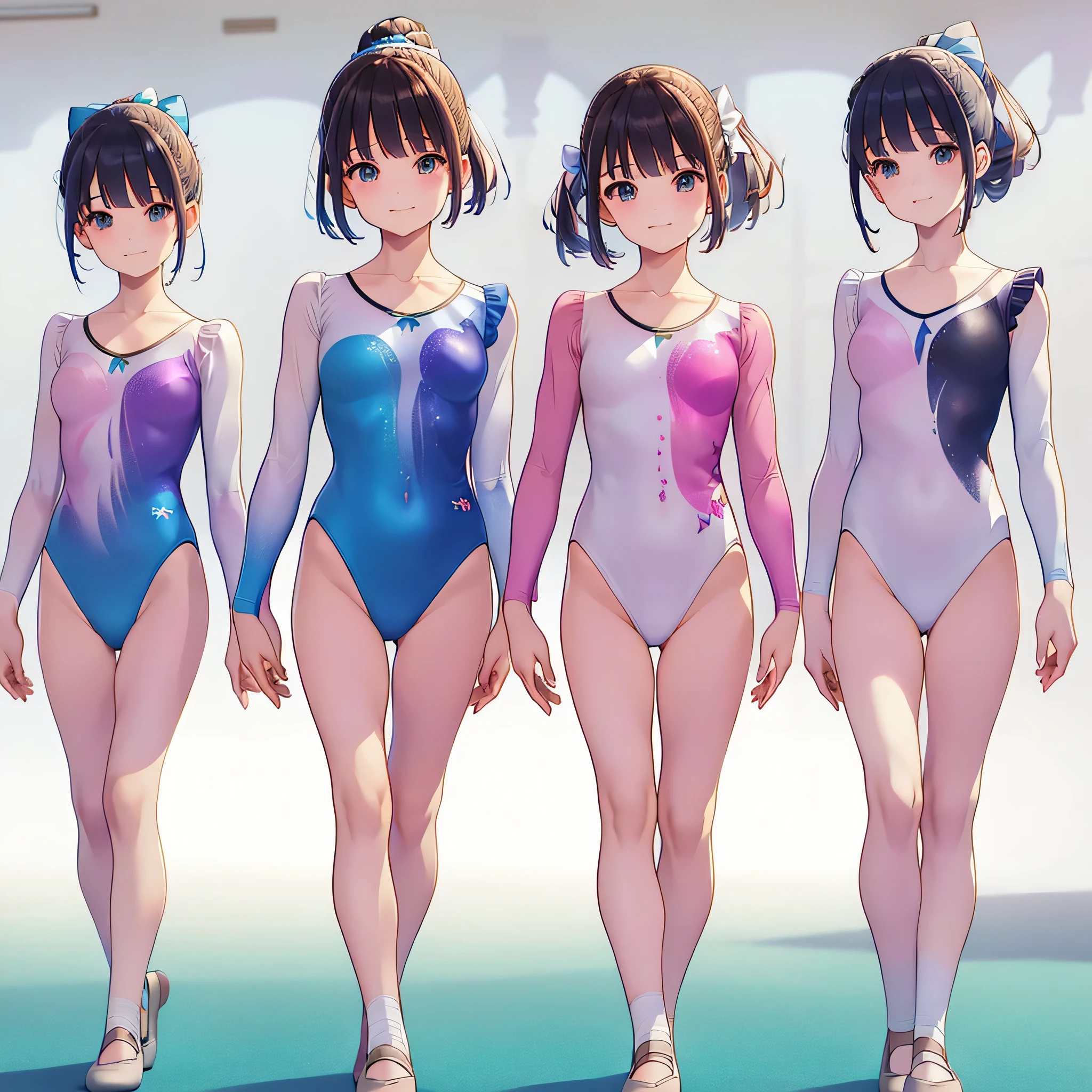 Gymnastics club,(4 girls:1.3),(long sleeves leotard:1.3),(rainbow print leotard:1.3),(white leotard),full body, pony tail, blue ribbon, long hair, frills,(over , under 19 years old:1.2), ballet shoes, white background