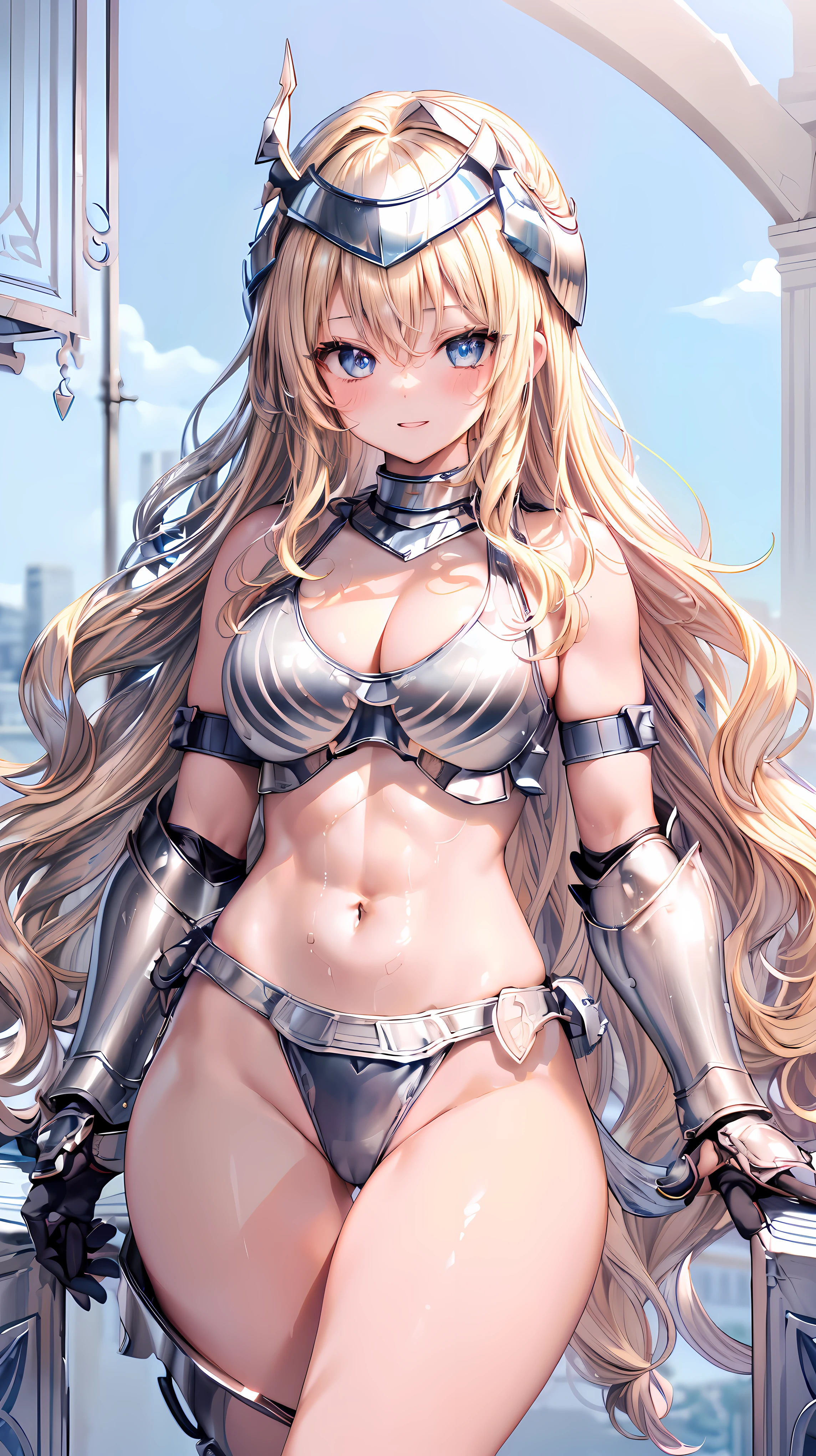 Very detailed、highest quality、Best image quality、masterpiece、8k、Anime Face、A kind smile、Open your mouth、Sparkling blue eyes、(Blonde wavy hair:1.5)、、Muscles of the whole body、camisole、Thigh belt、mini skirt、(Wearing silver bikini armor:1.5)、(Cowboy Shot:1.5)、(Leg armor:1.5)、(Wearing a helmet:1.5)