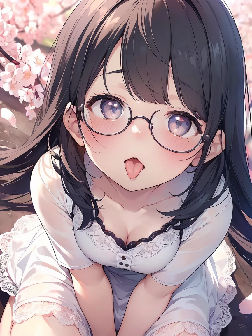 Very detailed, highest quality, High resolution, Moe Anime, ((Cute girl with black hair and droopy eyes)), ((Wearing large round glasses:1.4)), (Baby Face), Cute eyes, Detailed eye depiction, Sparkle in the eyes, View your viewers, Pale skin, (Big eyes:1.4, Droopy eyes:1.4, Fatty face:1.4), smile, Focus on the face, In the park with cherry blossoms falling, Sitting, (Extreme close up of tongue), (((From above))), Open your mouth, (((Face only:1.3))), ((White lace dress)), Bright Eyes, Light from the front, (Put your hands between your legs:1.4), large and long tongue, Cleavage