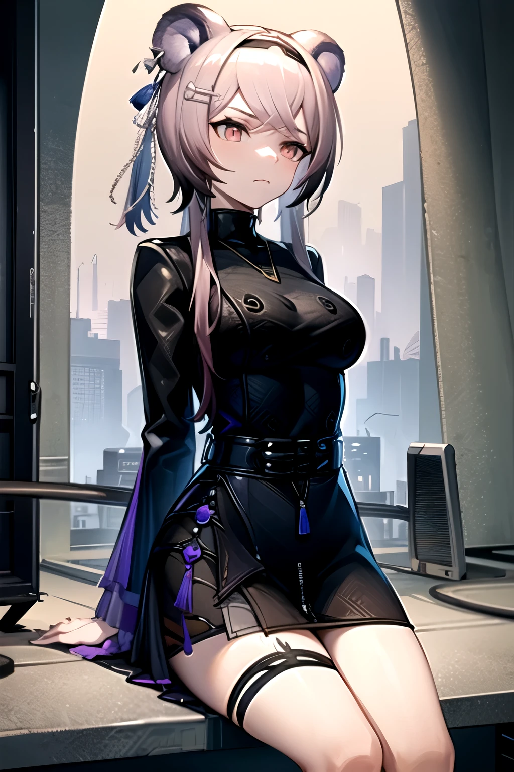 highest quality, masterpiece, High resolution, one person in, {Rin_Arknights:0.90}, 1 girl, black_dress, length_sleeve, looking for_in_Audience, cowboy_shot, Closed_mouth, ((hands tied behind)), ((arms behind back)), wide_sleeve, black_pantyhose, formal_alternine_Costumes, underground, Concrete floor, Concrete wall, underground room, Make a frown, sitting on the knees, Cieza, Thighs together, black tights, Closed legs,