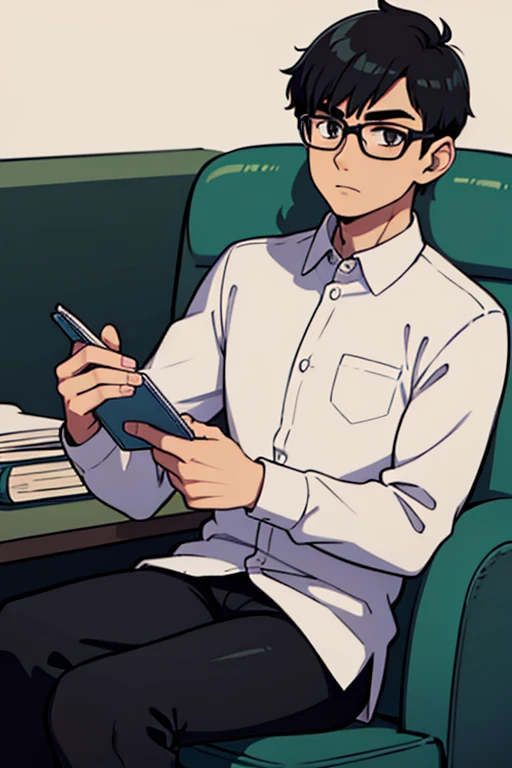 young man with short black hair wearing glasses looking intelligent and thoughtful