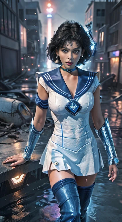 Unreal Engine:1.4,Ultra-high resolution,Best Quality:1.4, Realistic:1.4, Skin Texture:1.4, masterpiece:1.8, (Sailor Mercury:1.4), blue eyes, uniform, 両handを背中に回す、Large Breasts, tiara, Sailor Warrior Uniforms, (RAW Photos, Best Quality), masterpiece, foolish, sexy, Pelo azul corto floating, Blue sailor collar, (Over the knee boots: 1.4), choker, 白いhand袋, choker azul, 肘用hand袋, gem, Earrings, Blue Skirt:1.4, only, whole body, Shiny black hair, (hand:1.4), Octane Rendering, God of Fire, (raindrop), Wet clothes, (Dense and beautiful water), (floating), Dynamic Angle, Browsing Caution,Best Quality,masterpiece,Ultra-high resolution,(Cowboy Shot:1.3),(Realistic:1.4),RAW Photos 8K,Cinema Lighting,Official Art,evening, //, Messy Hair, Large Breasts,,hermosas feet,naked,Tall Woman,skinny,Delgado_feet,thigh_gap,(Watching the audience:1.2),model,thighs negros,Dynamic pose,High heels,from the front,liar,show ,(Apocalyptic Destroyed City:1.4), ((Missionary anal penetration)),((feet abiertas)),((Extreme close up)),(Super detailed),Portraiture,(masterpiece),(Best Quality),(Super detailed),Professional Lighting, mercury