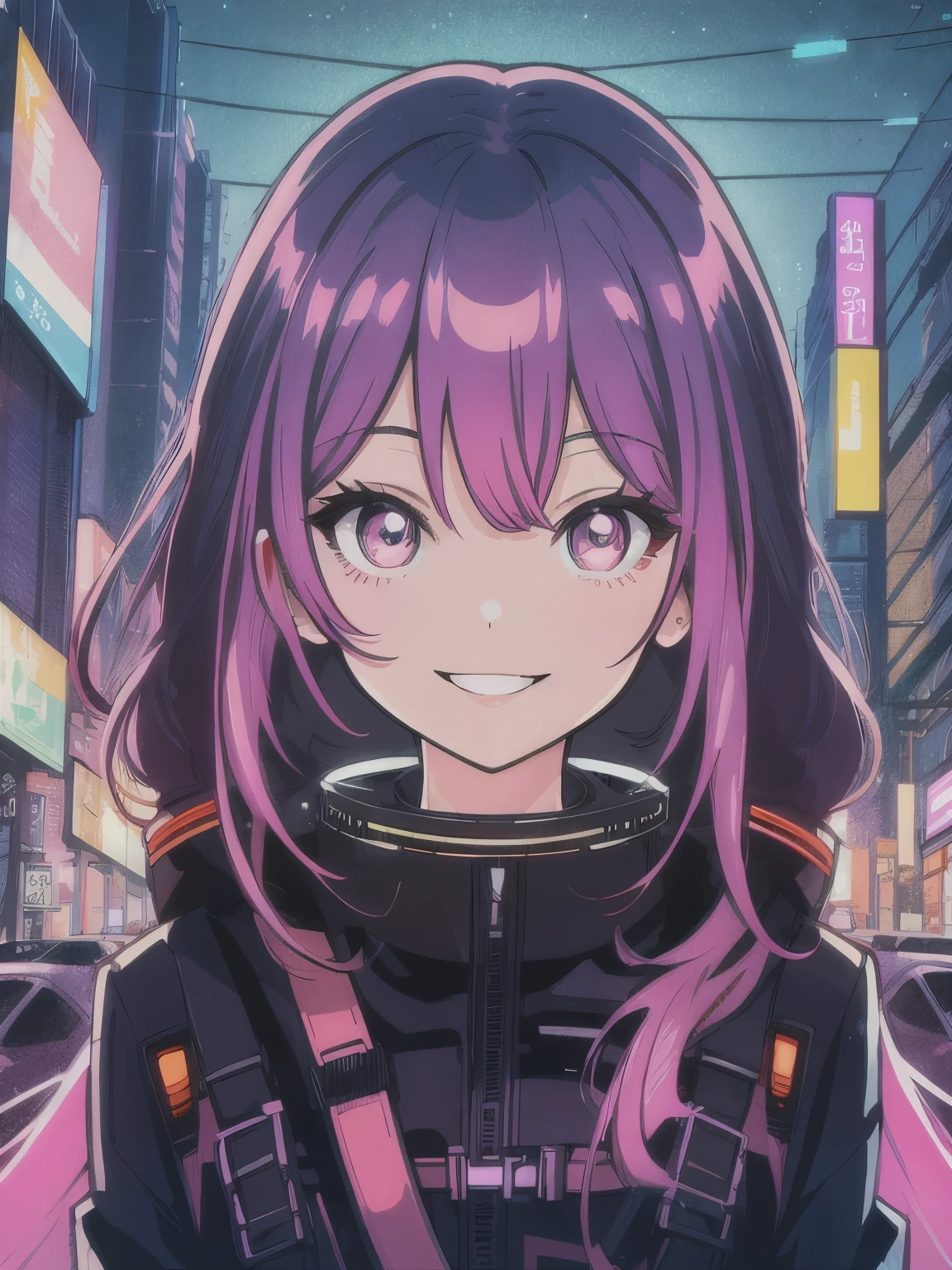 masterpiece, best quality, 1girl, solo, night, colorful, cityscape, cyberpunk, light smile, city pop, vector illustration