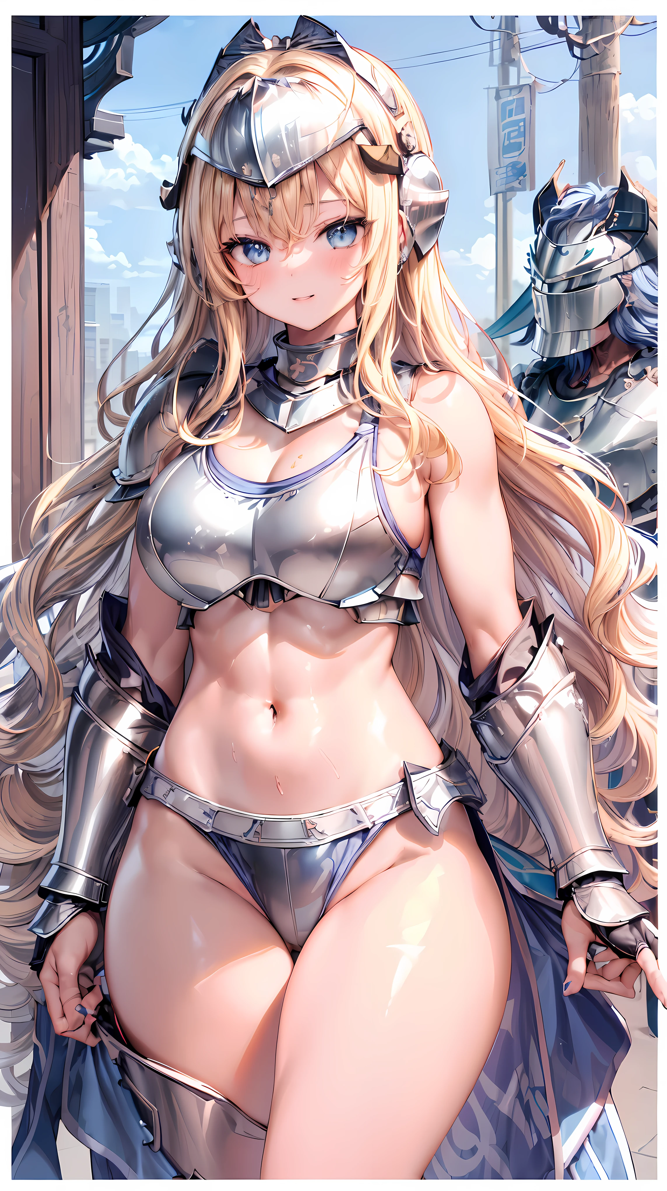 Very detailed、highest quality、Best image quality、masterpiece、8k、Anime Face、A kind smile、Open your mouth、Sparkling blue eyes、(Blonde wavy hair:1.5)、、Muscles of the whole body、camisole、Thigh belt、mini skirt、(Wearing silver bikini armor:1.5)、(Cowboy Shot:1.5)、(Leg armor:1.5)、(Wearing a helmet:1.5)