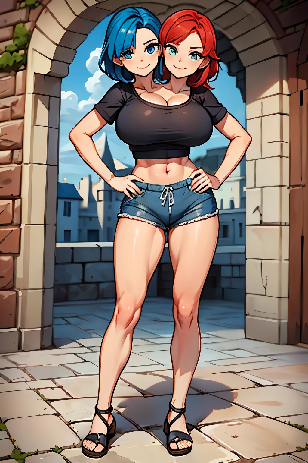 best quality, (masterpiece),(ultra-detailed), (high quality), (high resolution), (2heads:1.5), ((red hair)), ((blue hair)), ((different hair color)), large breasts, shorts , full body,best quality:1.5, highres, UHD, 4K), medieval outfit, smiling, ((crop top)), wearing sandals, medieval castle background, ((full body)), ((seductive pose)), detailed eyes, (mature woman), exposed midriff, (giant woman)