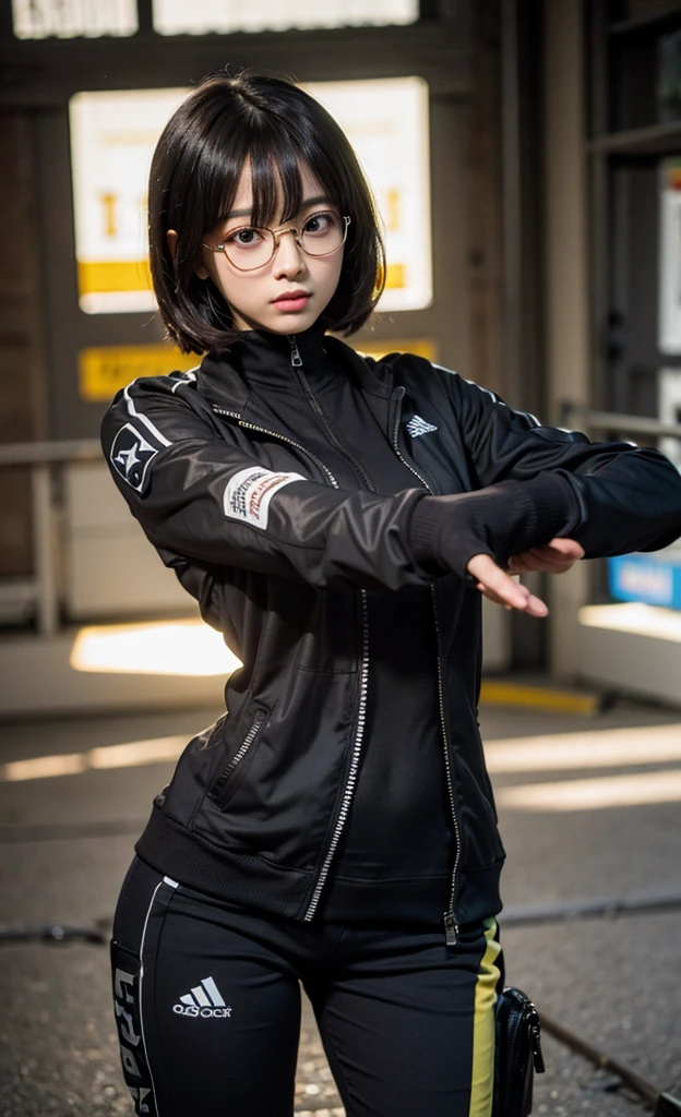 realistic, 1girl, black eye glasses, dark abandoned warehouse backgroud, bob hair, hair bangs, tight and fitted yellow tracksuit, tracksuit half unzip, cleavage, big bust, tummies, bellybutton, camouflage fitted shorts, tights, knees, fitted outfit, arm sleeves fitted,