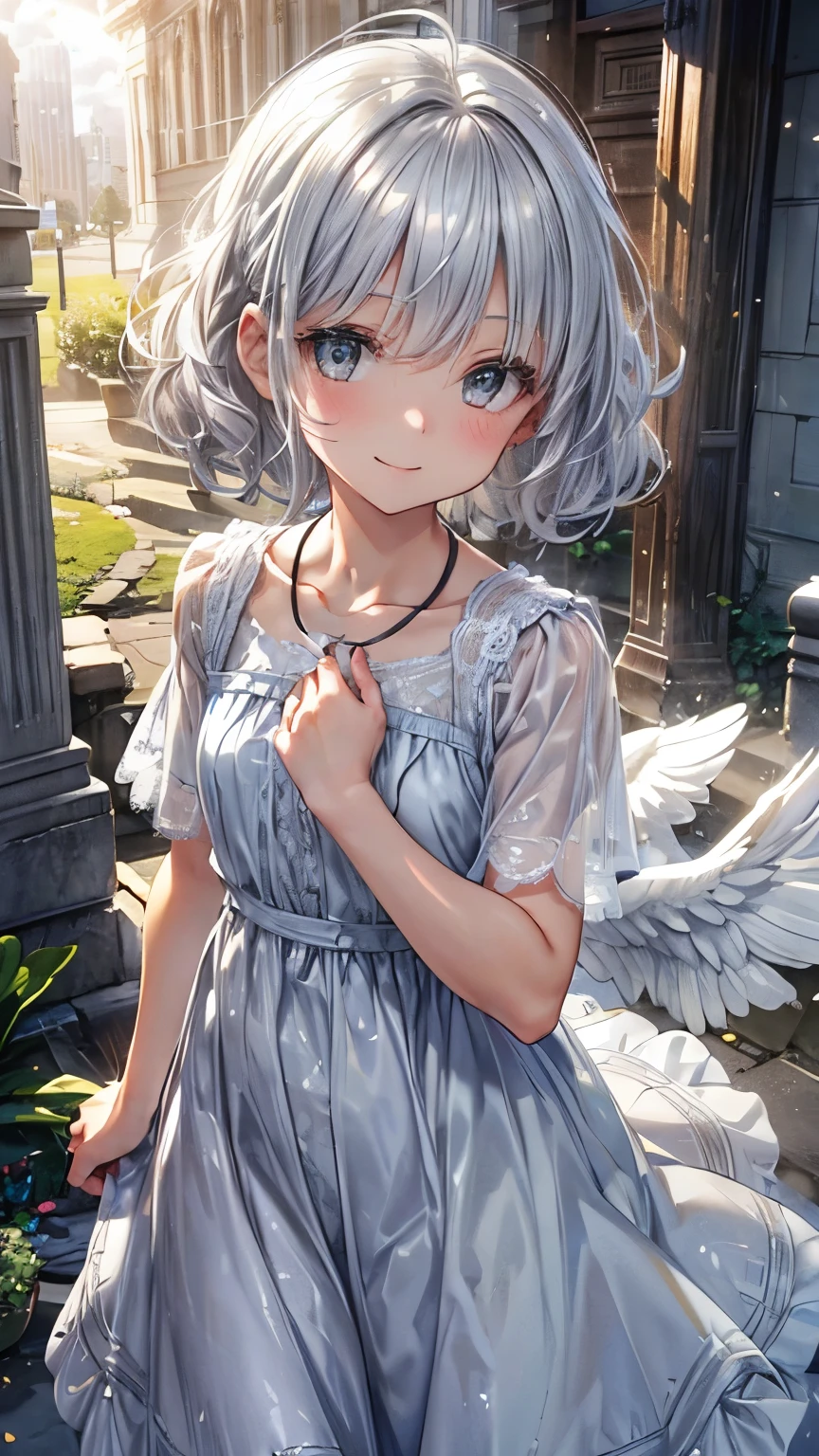 Fair skin, silver hair, short, curly hair, angel, grey dress, gentle smile, sunlight shining through the gaps in the clouds