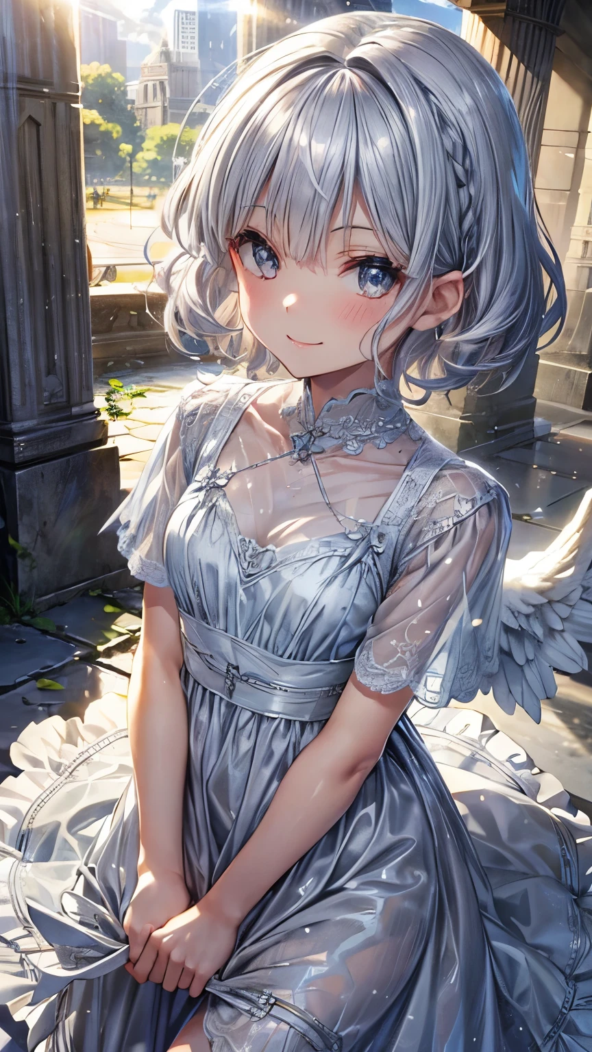 Fair skin, silver hair, short, curly hair, angel, grey dress, gentle smile, sunlight shining through the gaps in the clouds