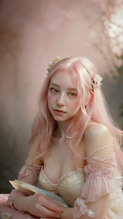 Beautiful girl, pale pink and white pastel hues, rococo, Style by Harrison Fisher and Brian Froud and Jeremy Mann 