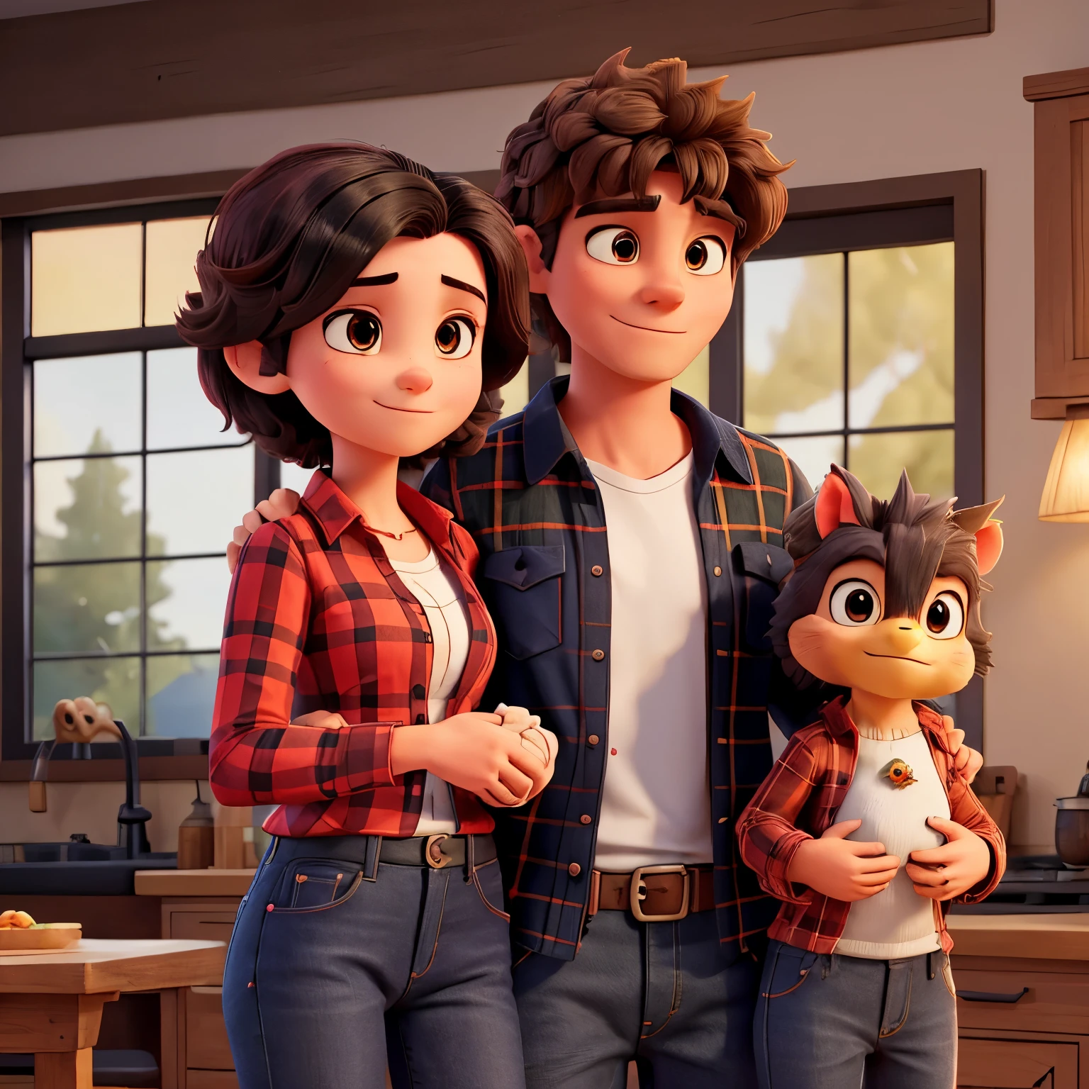 A man in jeans and a plaid shirt of medium build,with a rooster in her hand and a lady with short black hair in a red blouse with a gray and white kitten ,Mr. and Mrs. are hugging 