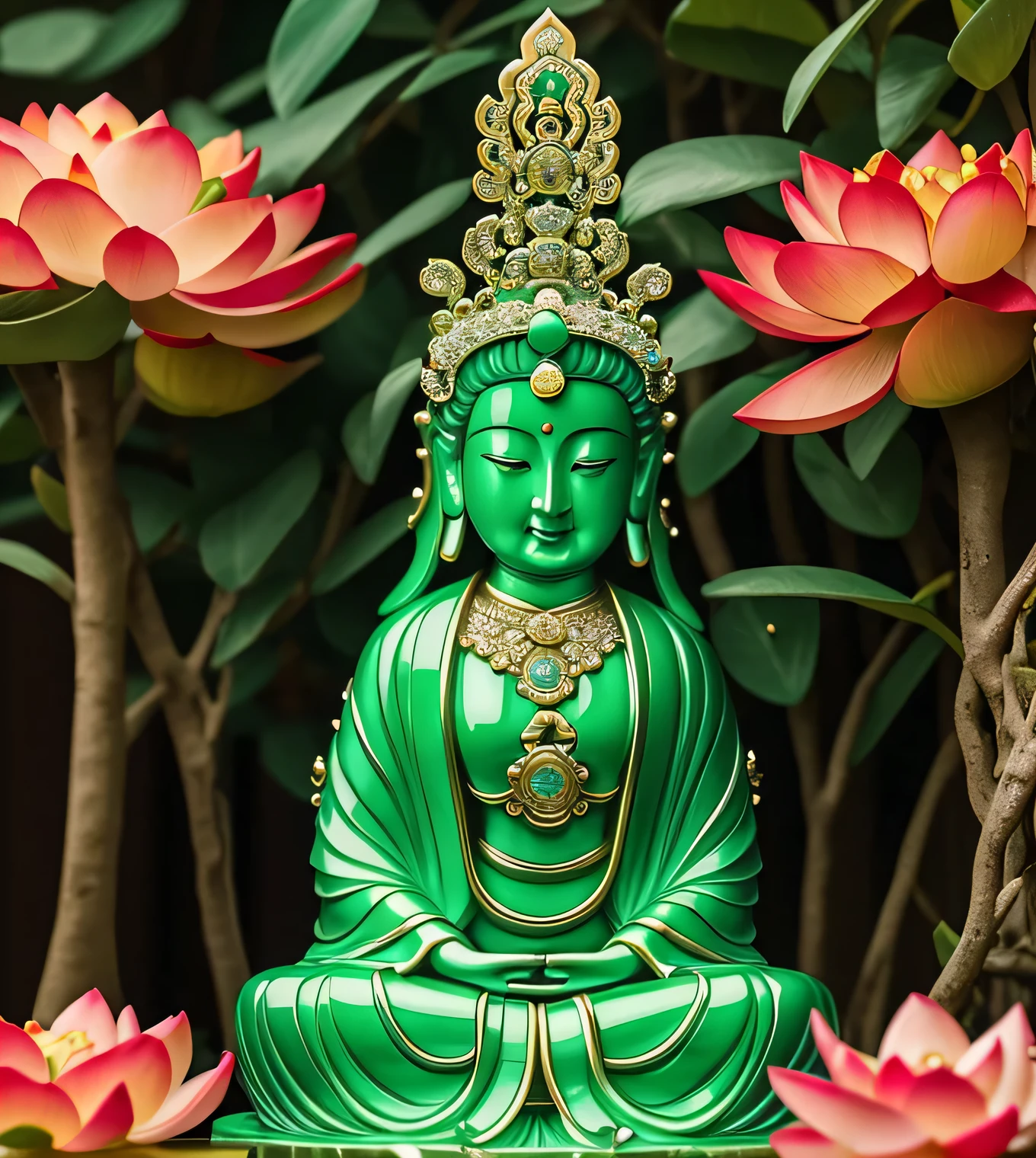 quan yin statue made of jade and jewery with 18 hands, detailed hands, detailed face, beatyfull face,shinning crystal clear jade statue, holding a light made of jewery, floating red lotus, chinese haven back ground, holly light