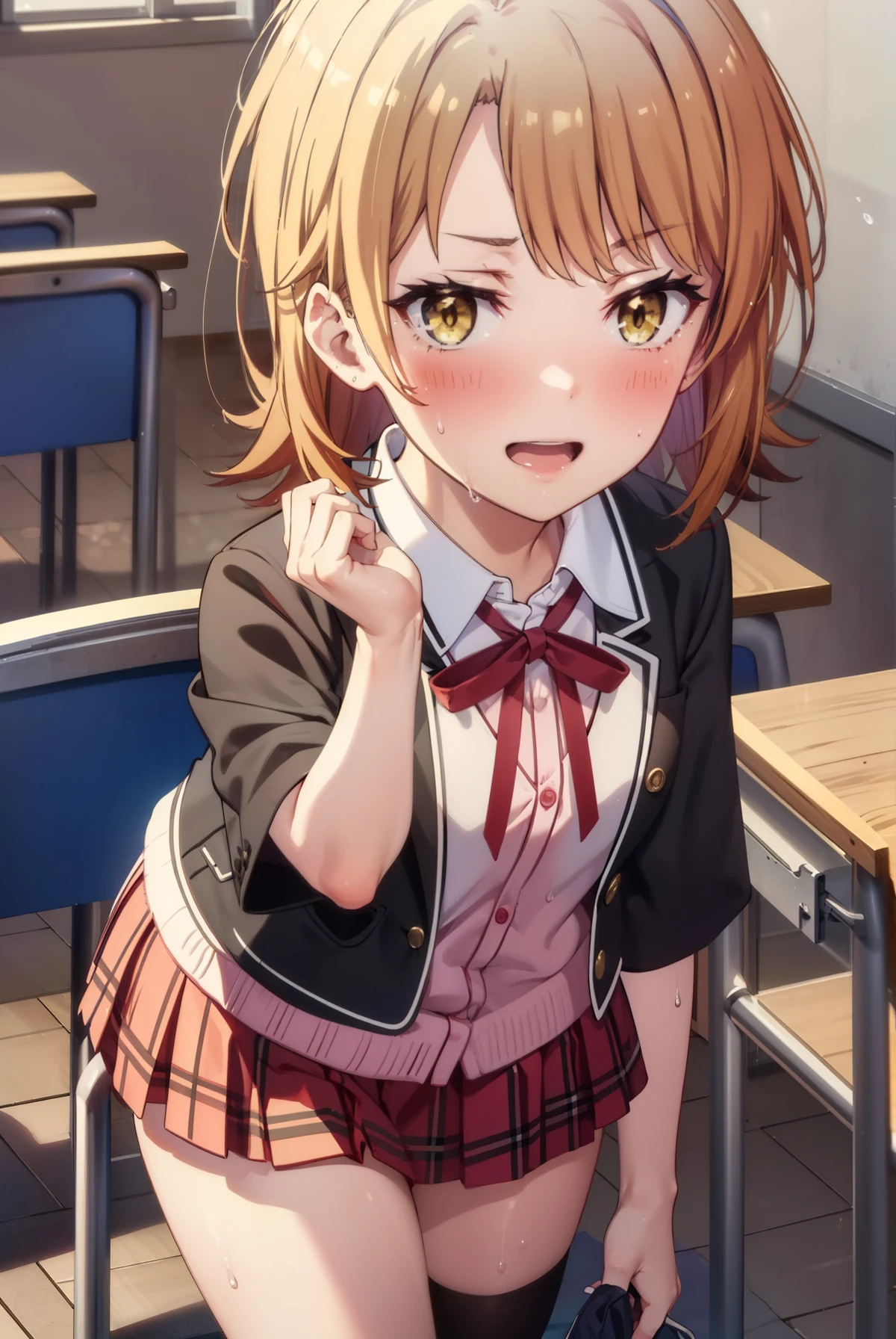 irohaisshiki, Iroha Isshiki, short hair, Brown Hair, (Brown eyes:1.5), happy smile, smile, Open your mouth,smile,blush,Sweat,Wet Hair,Wet Skin,Wet clothes,True Summer,Clear skies,Daytime,I put my hands on the desk and look up,
break skirt, shirt, Short sleeve,ribbon, , Jacket, white shirt, socks, Plaid, Knee-high, Plaid skirt, black socks, So that the whole body goes into the illustration,
break indoors, classroom,
break looking at viewer,(Cowboy Shot:1. 5)
break (masterpiece:1.2), highest quality, High resolution, unity 8k wallpaper, (figure:0.8), (Beautiful fine details:1.6), Highly detailed face, Perfect lighting, Highly detailed CG, (Perfect hands, Perfect Anatomy),