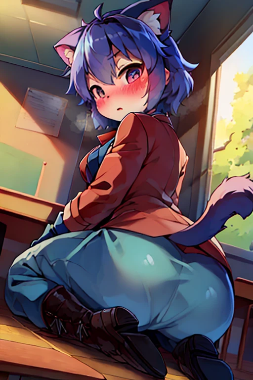 boy, cat, furry, bodyfur, blazer, blue tights, gloves, boots, school, looking back, kneeling, blush