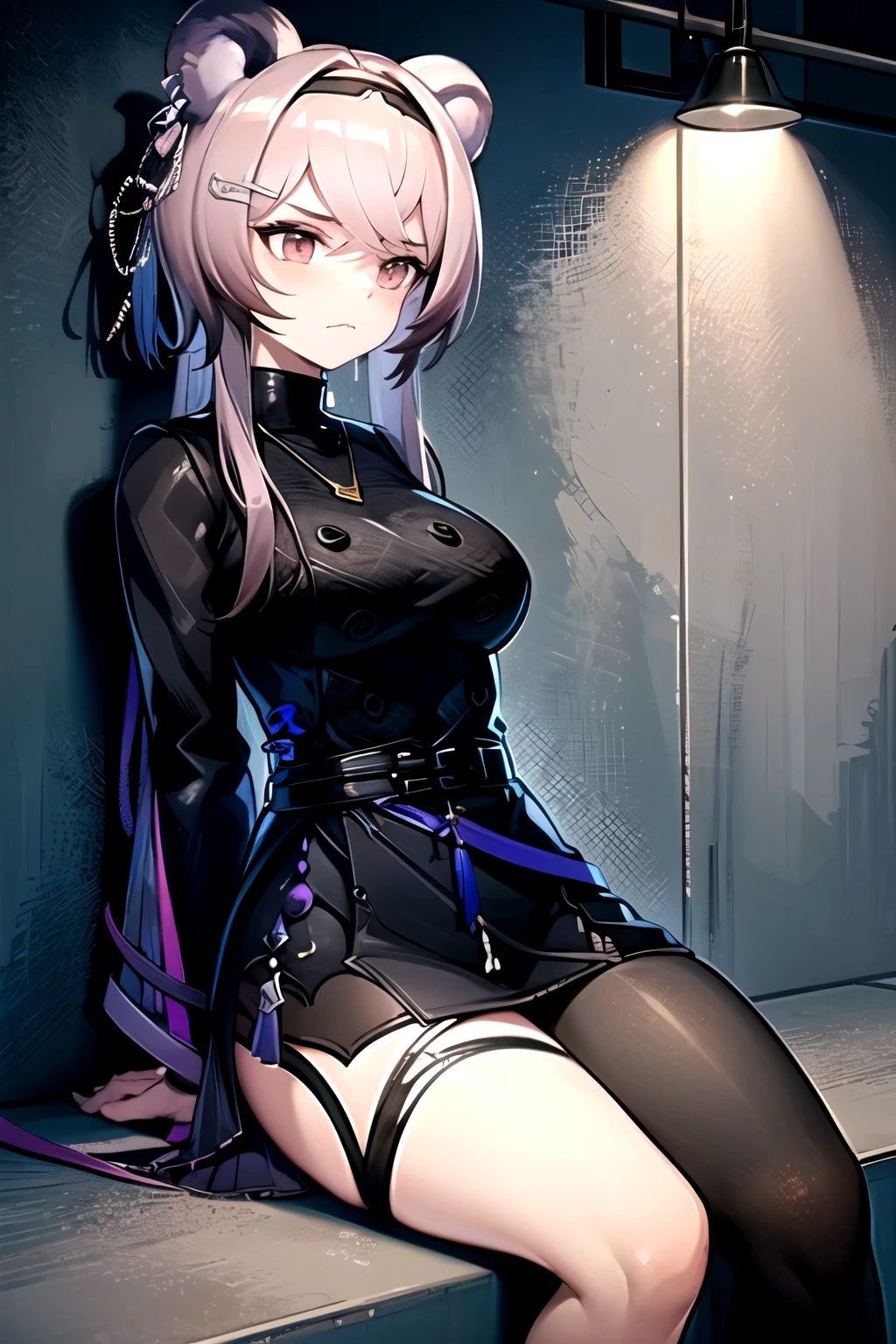 highest quality, masterpiece, High resolution, one person in, {Rin_Arknights:0.90}, 1 girl, black_dress, length_sleeve, looking for_in_Audience, cowboy_shot, Closed_mouth, ((hands tied behind)), ((arms behind back)), wide_sleeve, black_pantyhose, formal_alternine_Costumes, underground, Concrete floor, Concrete wall, underground room, Make a frown, sitting on the knees, Cieza, Thighs together, black tights, Closed legs,