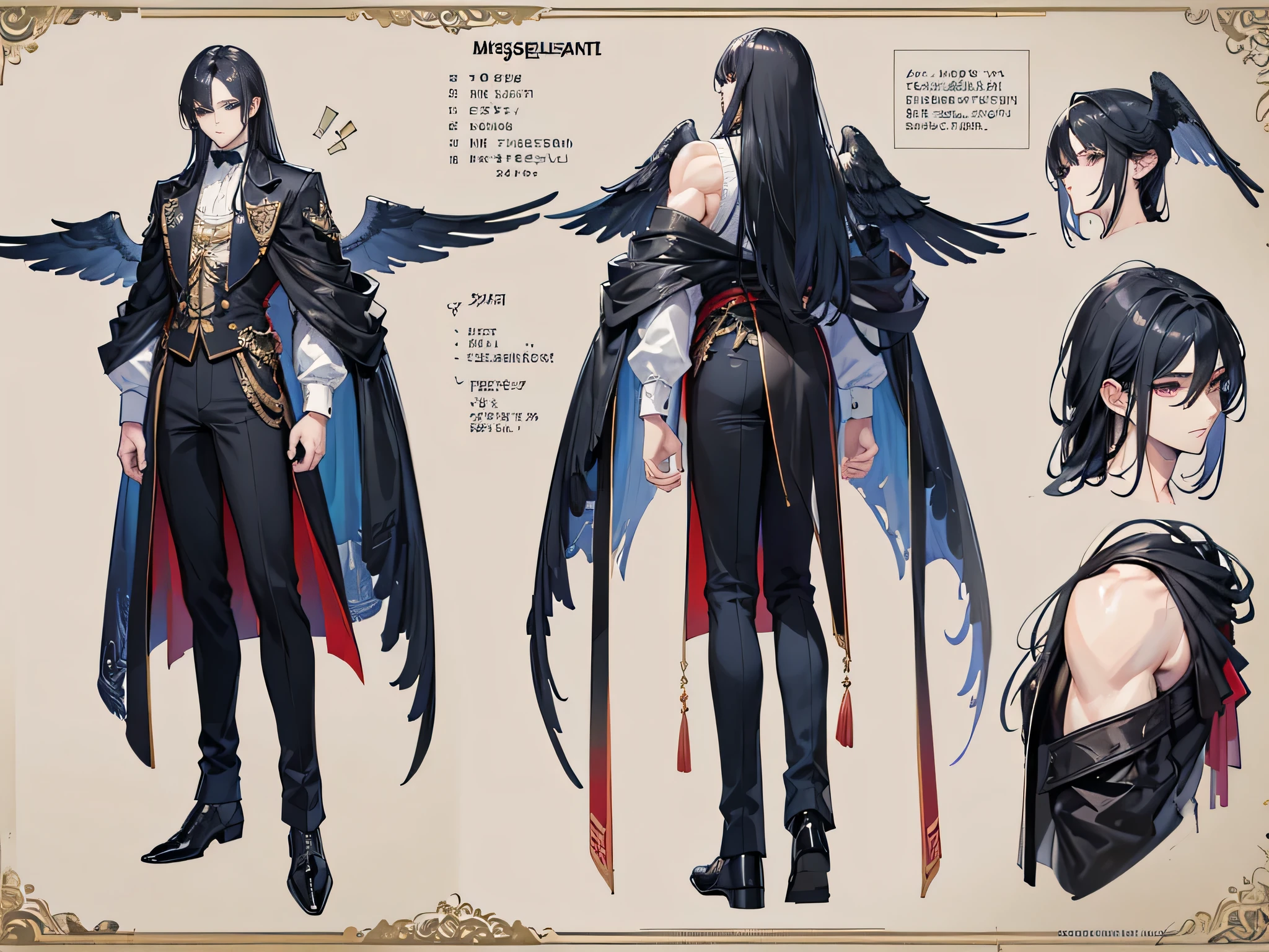 ((Masterpiece, Highest quality)), Male, boy, Detailed face, character design sheet， full bodyesbian, Full of details, frontal body view, back body view, Highly detailed, Depth, Many parts, angel wings, black hair, angel outfit, Muscle boy with black long hair bangs，handsome man, male angel , man tall, 
