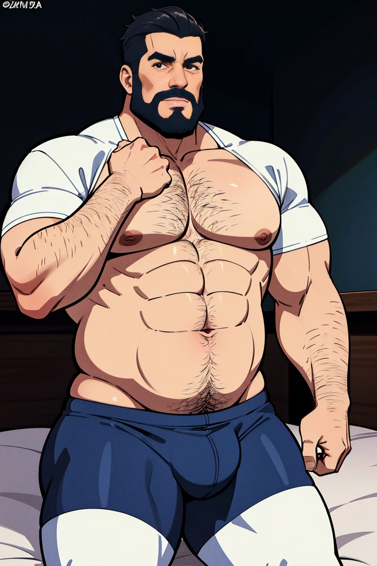 Just chubby plump extremely thick thighs (melhor qualidade,4K,8k,high resolution,obra de arte:1.2),ultra-detalhado,realista:1.37,homens,grown-up homens,old homens,fat white muscular homens,cabelo da barriga,large bulges,pants,camisa xadrez,barba,nojento,60-year-old homens,family,pai,barriga de urso,terno de abertura. Sentado na cama.apenas usando sunga no corpo.