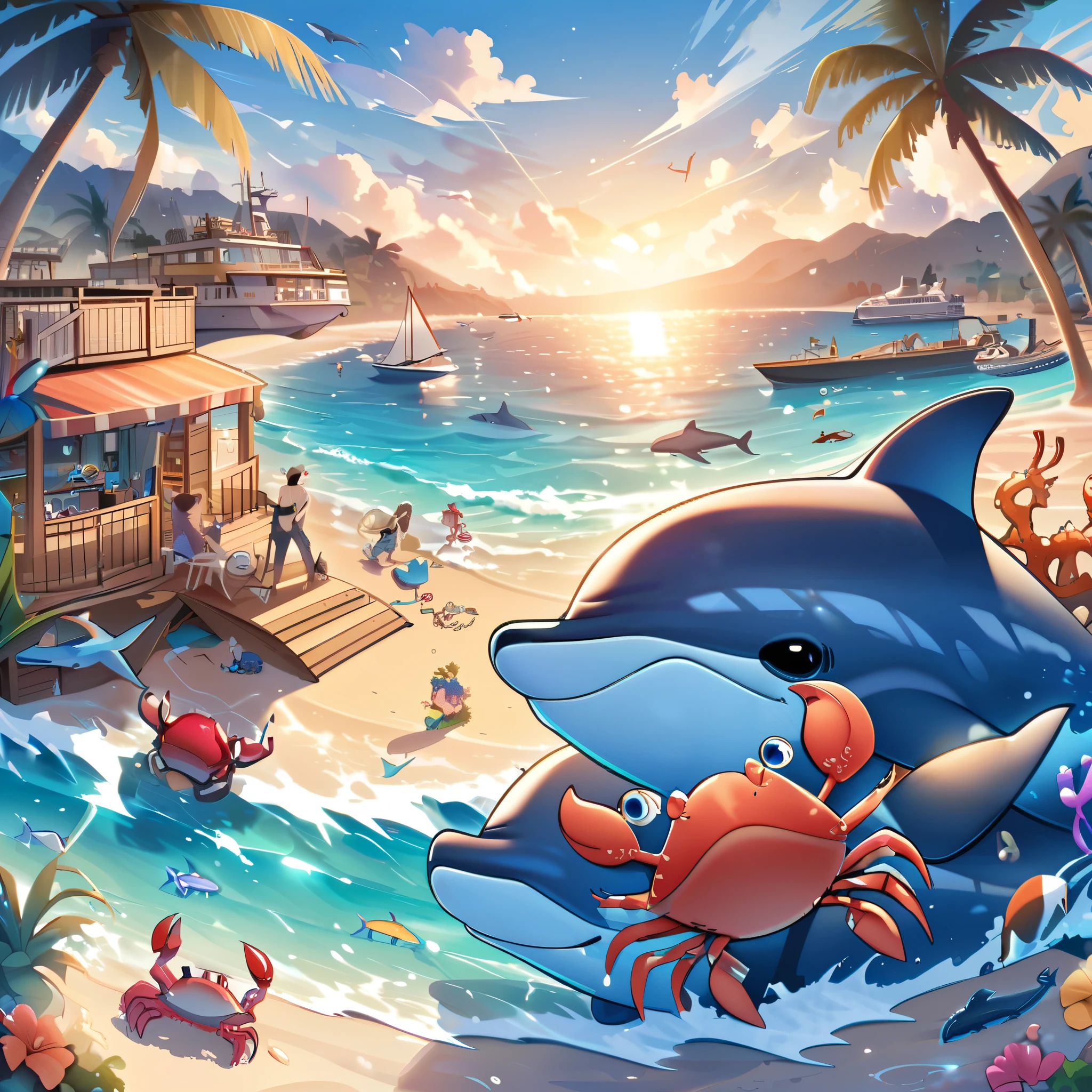 "Create illustrations of seaside scenes, whales, dolphins, crabs, palm trees, ships, and a world of playful and colorful toys."