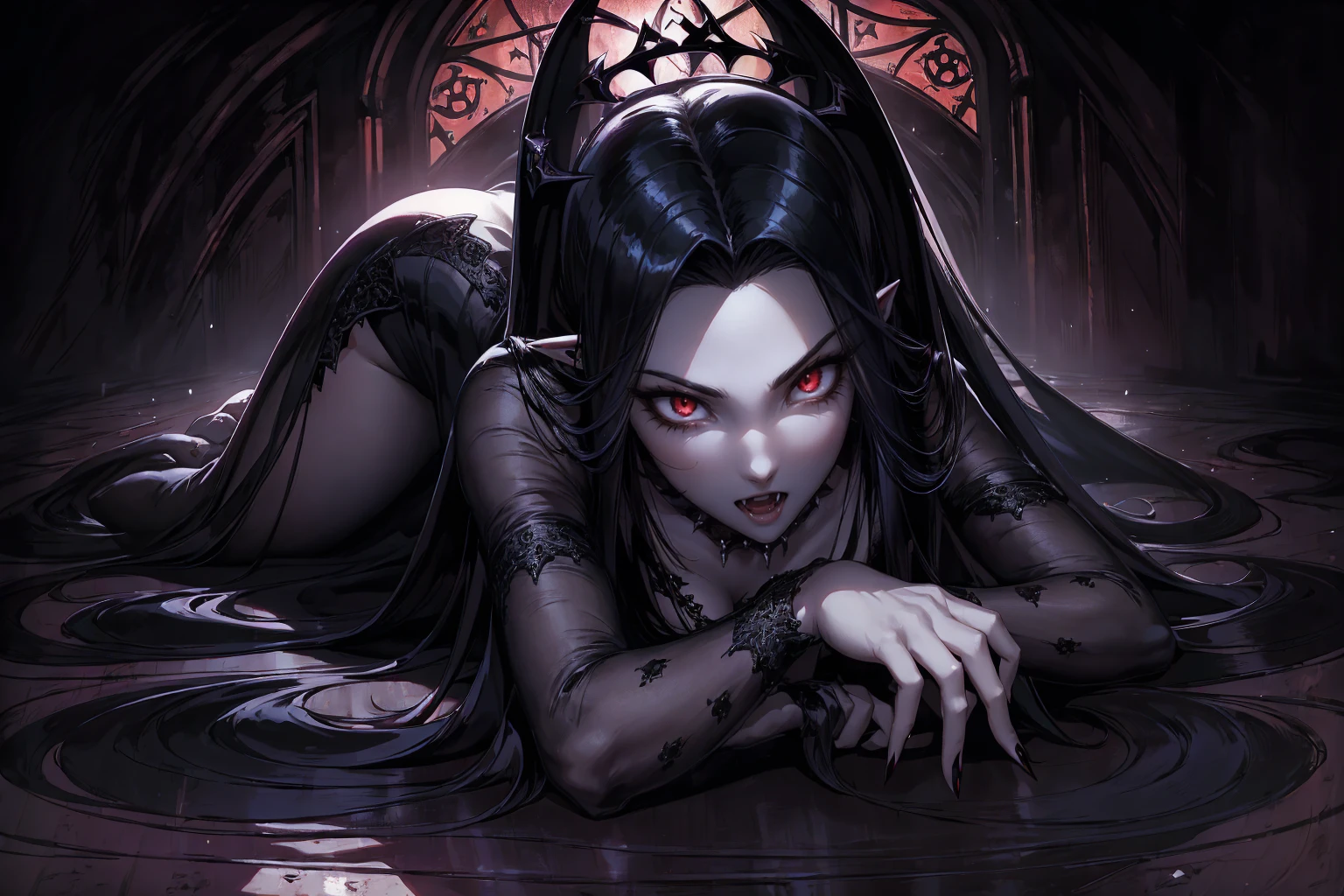 absurdres, ((stunning female Vampire))), goth Renaissance, (long black hair:1.erfect and detailed angular sharp oval shaped face, ((redeyes)), jewelry, red and black tetradic colors, full lips, gothic castle background, (solo), perfect anatomy, approaching perfection, ethereal, intricate details, ultra-high definition, 12k resolution, goth aesthetic, smooth, sharp focus, dreamy, glowing, backlit, glamour, glimmer, fantastical, shadows, smooth, Gothic crown, laying on the ground, 