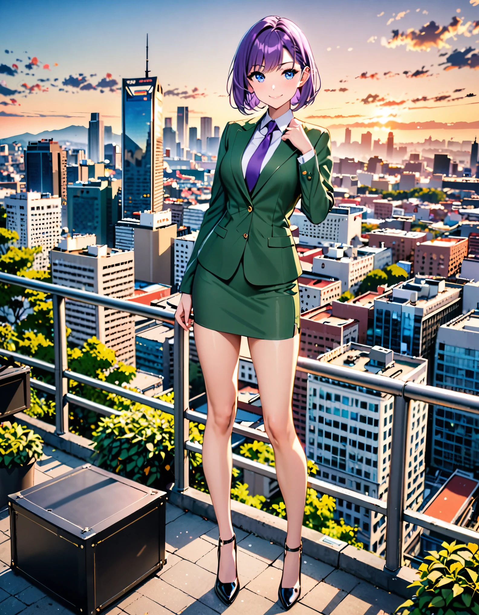 masterpiece, best quality, highres, 1girl, solo, green suit and tie, pencil skirt, miniskirt, bare legs, matching shoes, looking at viewer, city backdrop, perfect hands, perfect eyes, perfect legs, perfect arms, perfect fingers, medium breasts, standing, purple hair, short hair, bob hair, blue eyes, standing, smile, :d
