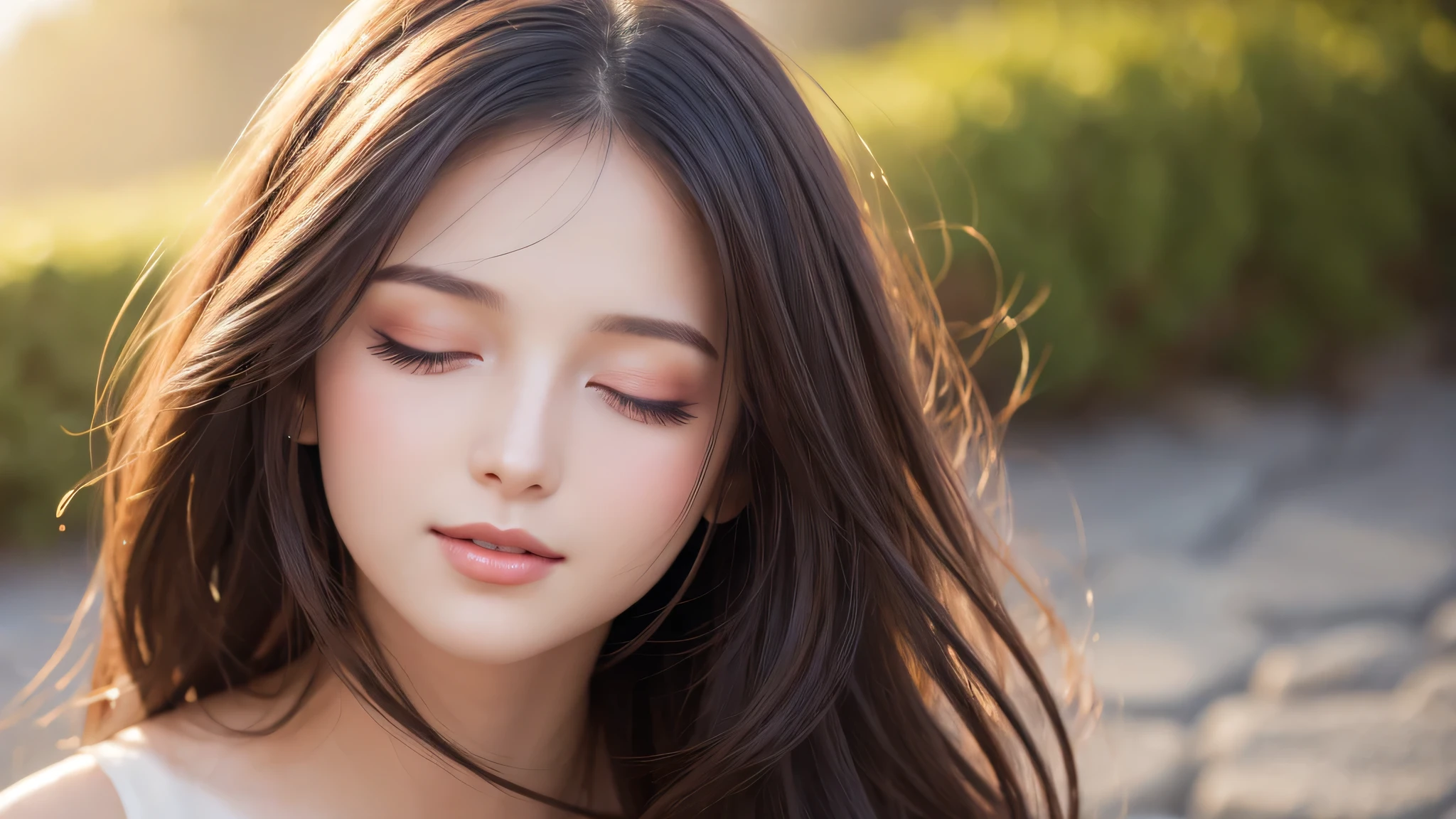 Soft portrait of a beautiful woman, flowing dark hair, captivating gaze, elegant features, radiant smile, feminine beauty, subtle makeup, striking eyes, long lashes, graceful posture, stylish attire, soft shadows, warm skin tones, detailed portrait, realistic style, high-resolution, delicate lighting, digital painting, by Sofia Bonati, Behance.