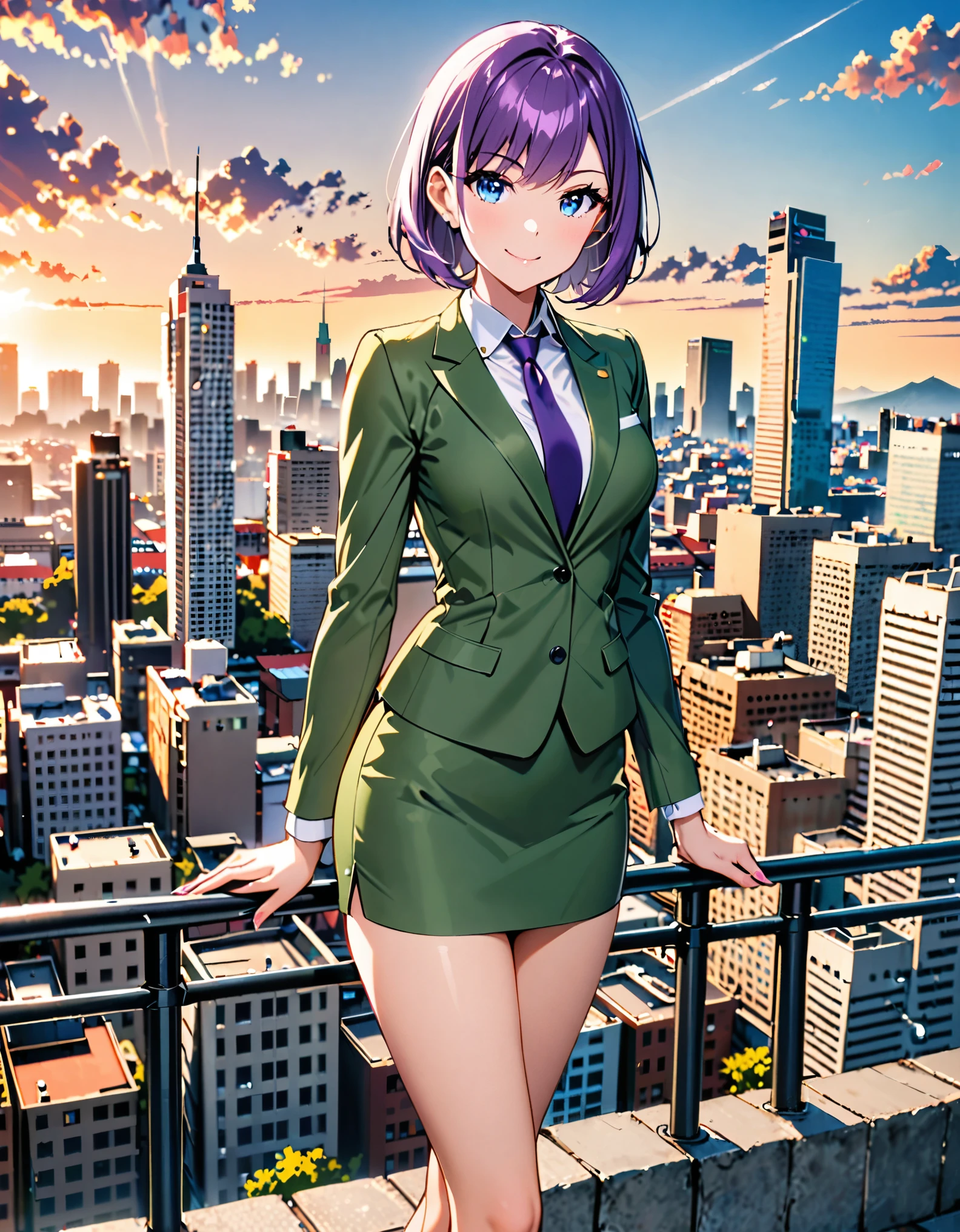masterpiece, best quality, highres, 1girl, solo, green suit and tie, pencil skirt, miniskirt, bare legs, matching shoes, looking at viewer, city backdrop, perfect hands, perfect eyes, perfect legs, perfect arms, perfect fingers, medium breasts, standing, purple hair, short hair, bob hair, blue eyes, standing, smile, :d