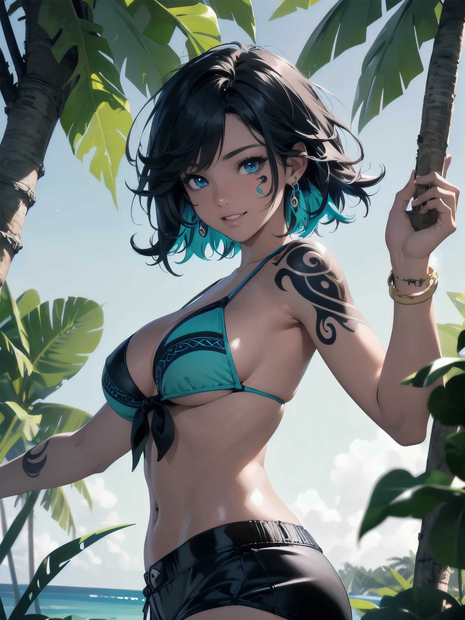(best quarity,ultra detailed,ultra-high-resolution, absolutely resolution,8k, masterpiece), 20 years old,very-cute-and-beautiful-anime-girl,highly-detailed-face-and-eyes,grin,big-breast,(bust-shot:1.4),(from-below),blue-sky,(dark_skin:1.3),(tribal_tatoo:1.2),(Glossy Oceania Accessories:1.5),(wavy hairs),(messy hair),(asymmetry bangs),(multicolored hair),(blue eyes:1.3),(short-pants-bikini),deep-jungle,toropical flowers,vivid-colors,