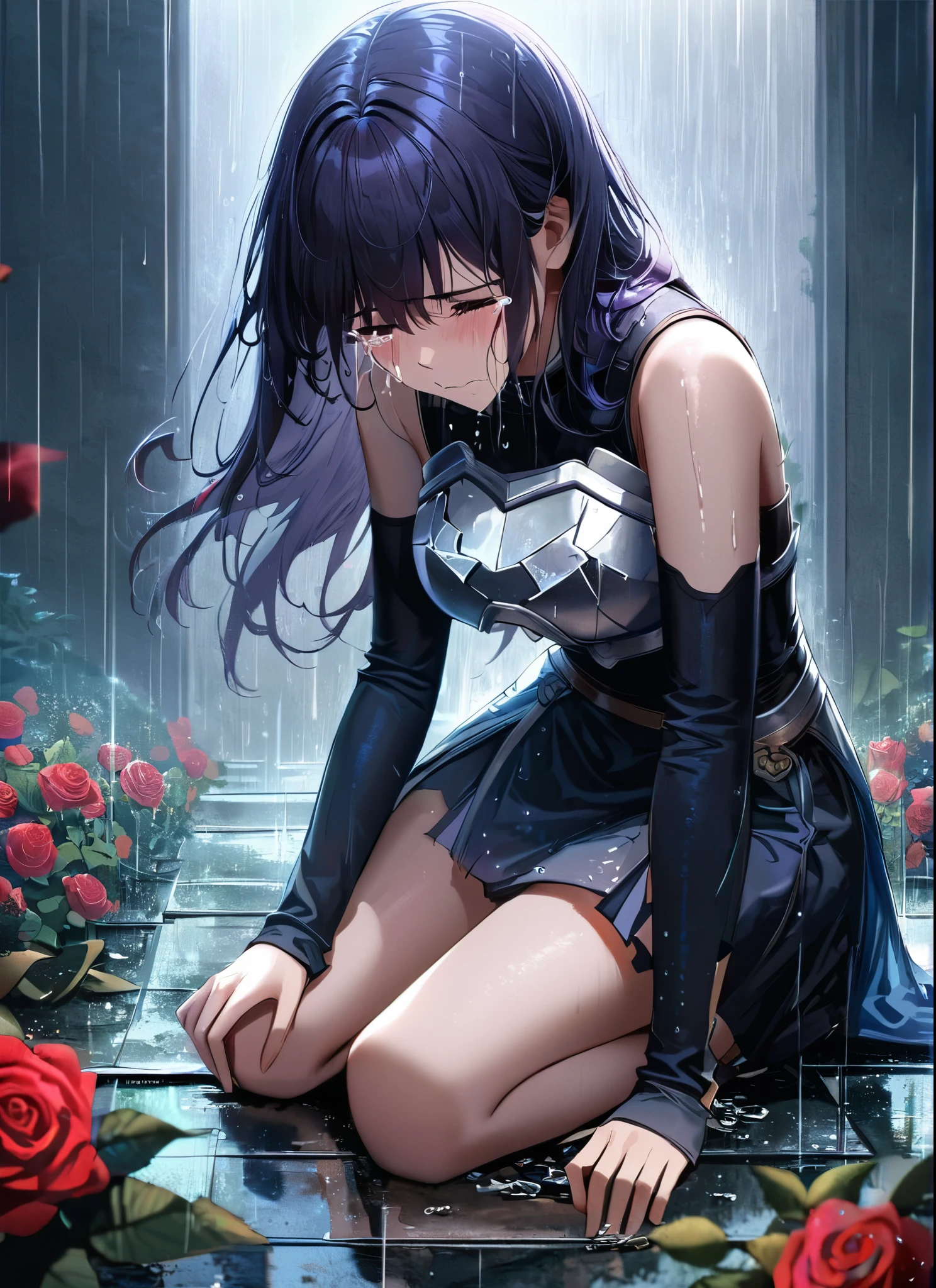 A girl, kneeling in the floor, wearing a shattered breastplate, shattered waistplate, in tears, sad, dramatic scene, tears flowing in the face, garden, roses, rain, ultra detailed face 